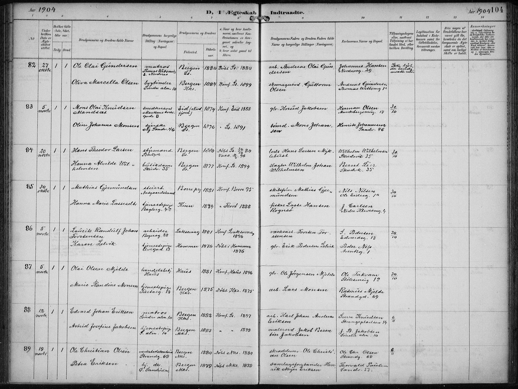 Sandviken Sokneprestembete, AV/SAB-A-77601/H/Ha/L0014: Parish register (official) no. D 1, 1896-1911, p. 104