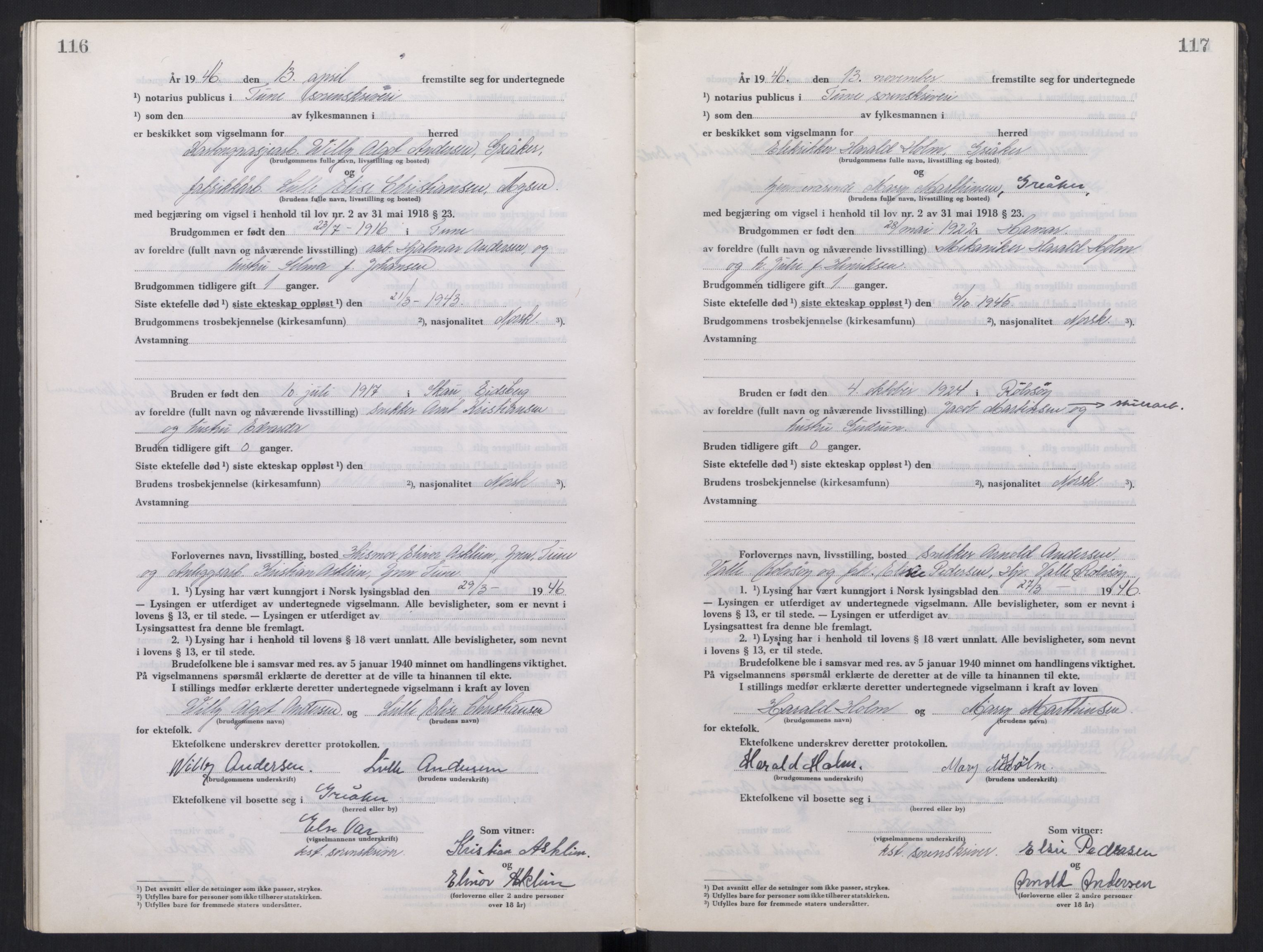 Tune sorenskriveri, AV/SAO-A-10470/L/Lb/L0003: Vigselprotokoll, 1944-1951, p. 116-117
