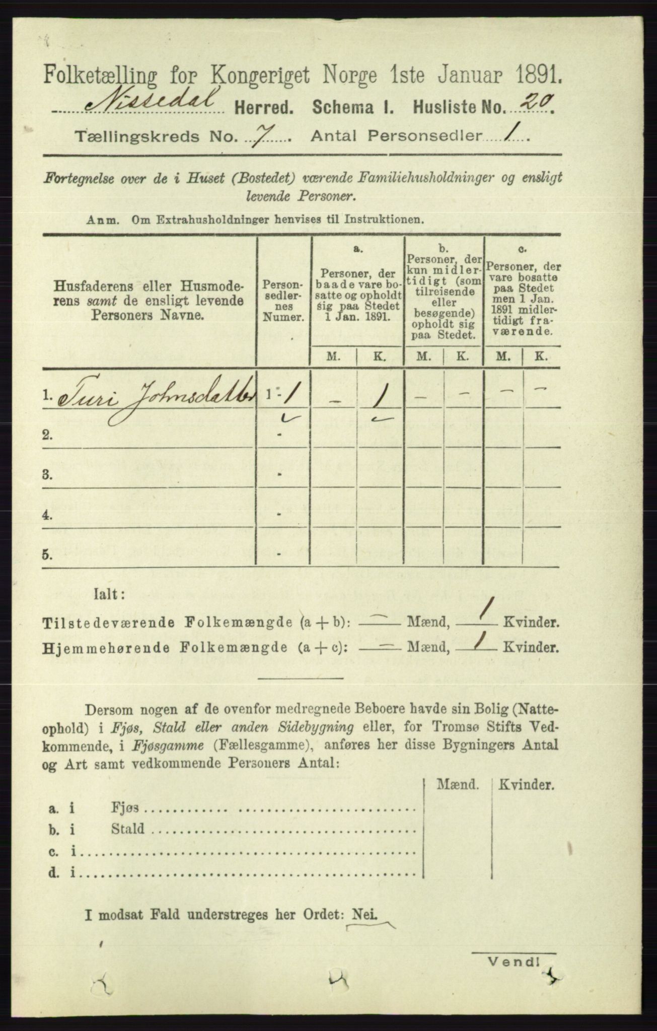 RA, 1891 census for 0830 Nissedal, 1891, p. 1457