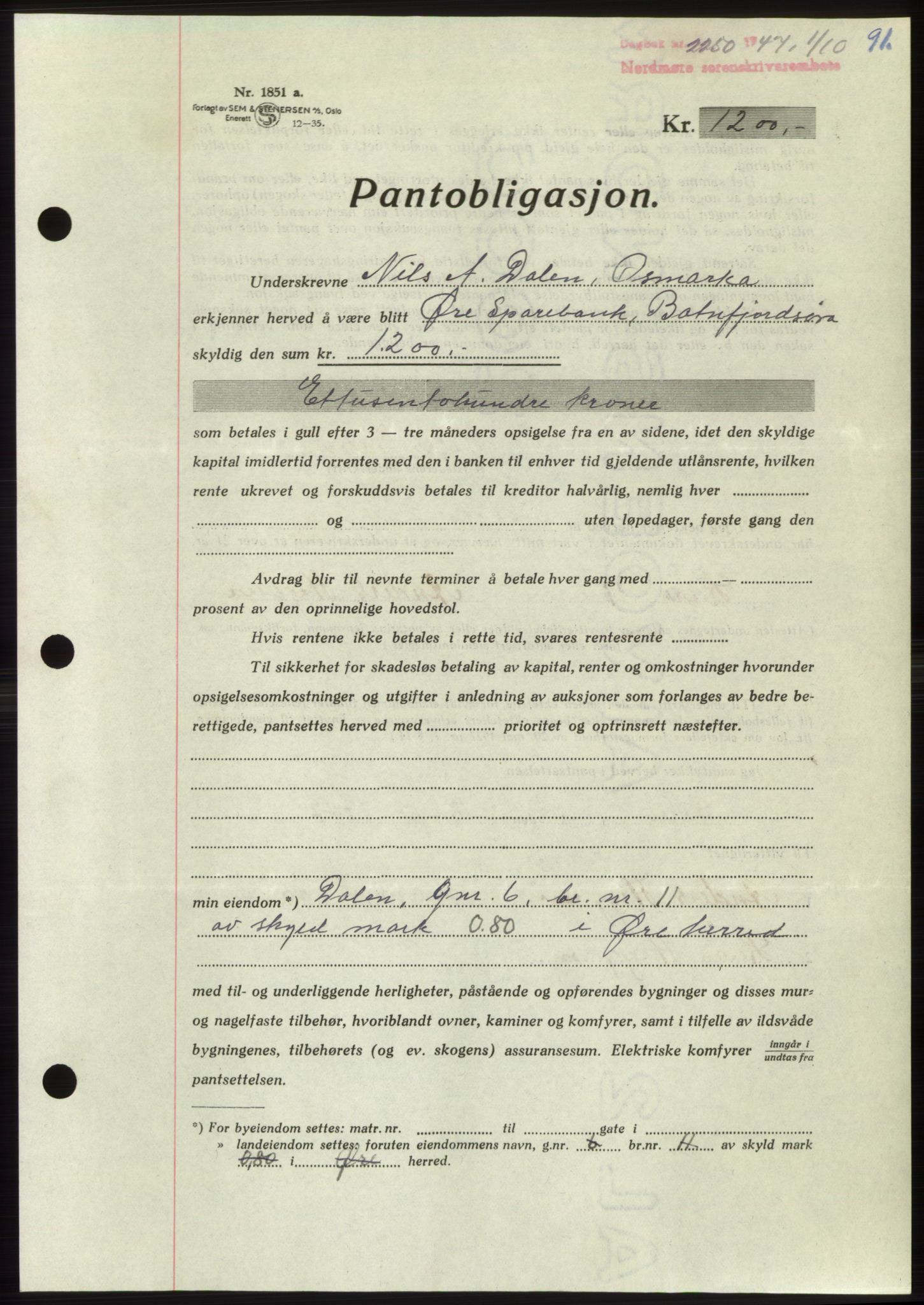 Nordmøre sorenskriveri, AV/SAT-A-4132/1/2/2Ca: Mortgage book no. B97, 1947-1948, Diary no: : 2250/1947