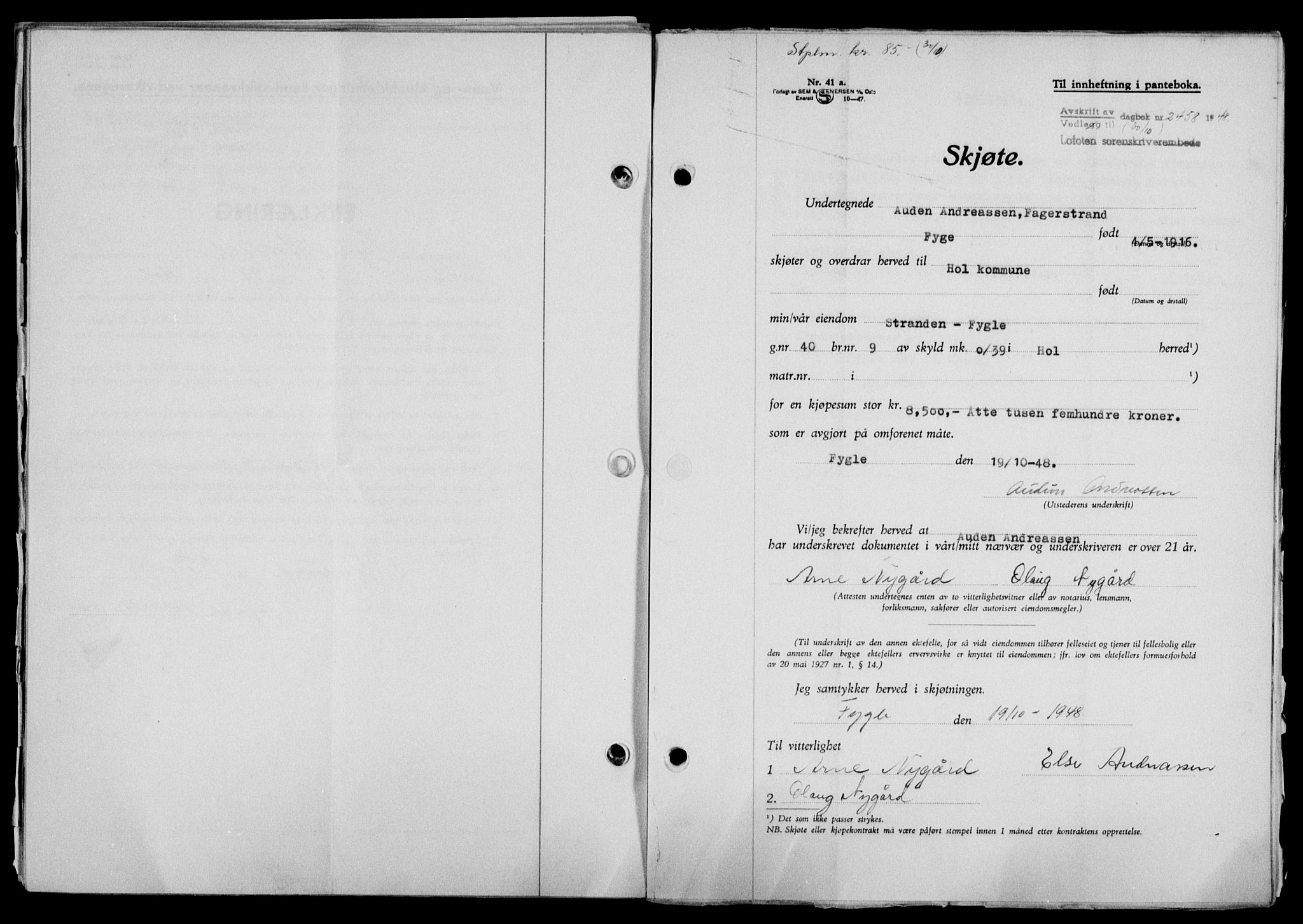 Lofoten sorenskriveri, SAT/A-0017/1/2/2C/L0019a: Mortgage book no. 19a, 1948-1948, Diary no: : 2458/1948