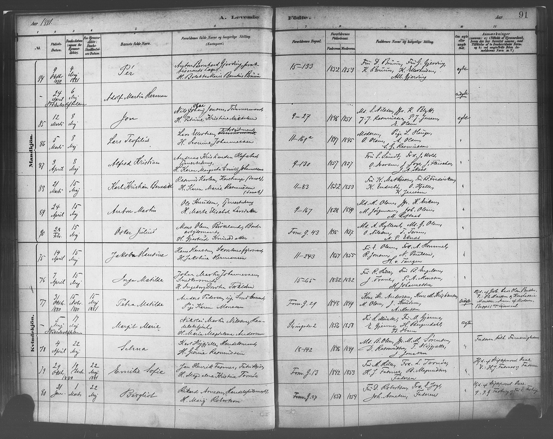 Domkirken sokneprestembete, SAB/A-74801/H/Haa/L0023: Parish register (official) no. B 6, 1879-1887, p. 91