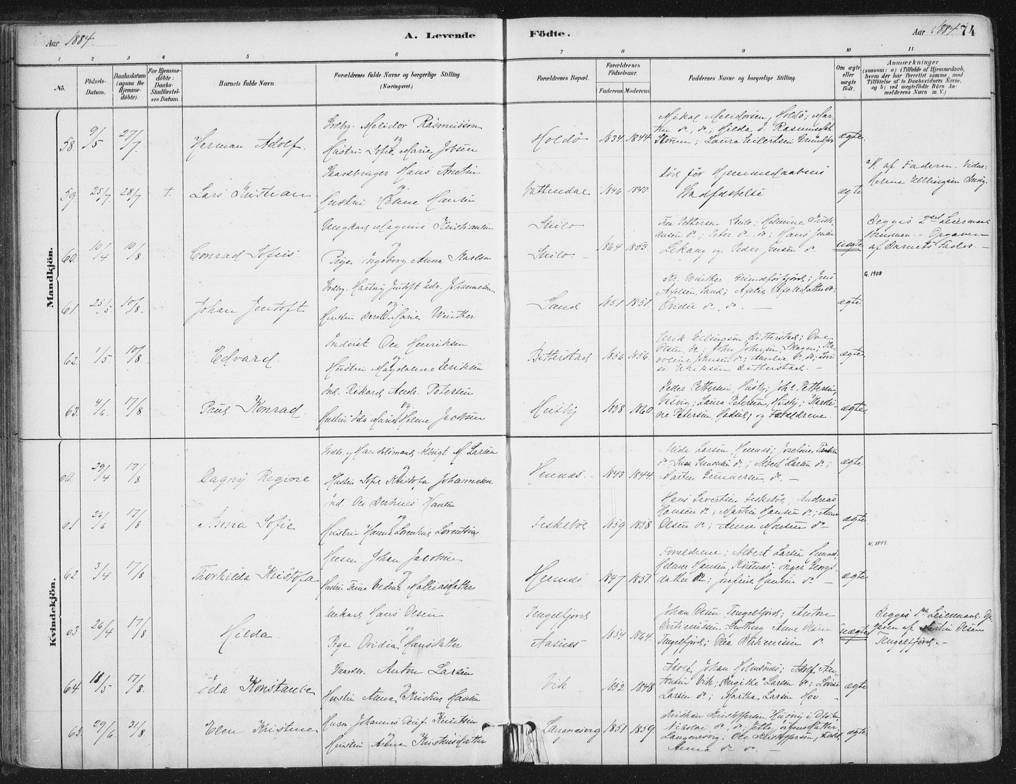 Ministerialprotokoller, klokkerbøker og fødselsregistre - Nordland, SAT/A-1459/888/L1244: Parish register (official) no. 888A10, 1880-1890, p. 74