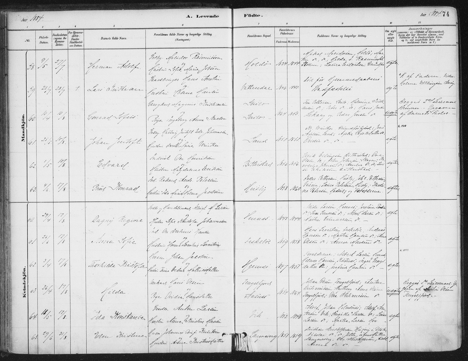 Ministerialprotokoller, klokkerbøker og fødselsregistre - Nordland, AV/SAT-A-1459/888/L1244: Parish register (official) no. 888A10, 1880-1890, p. 74