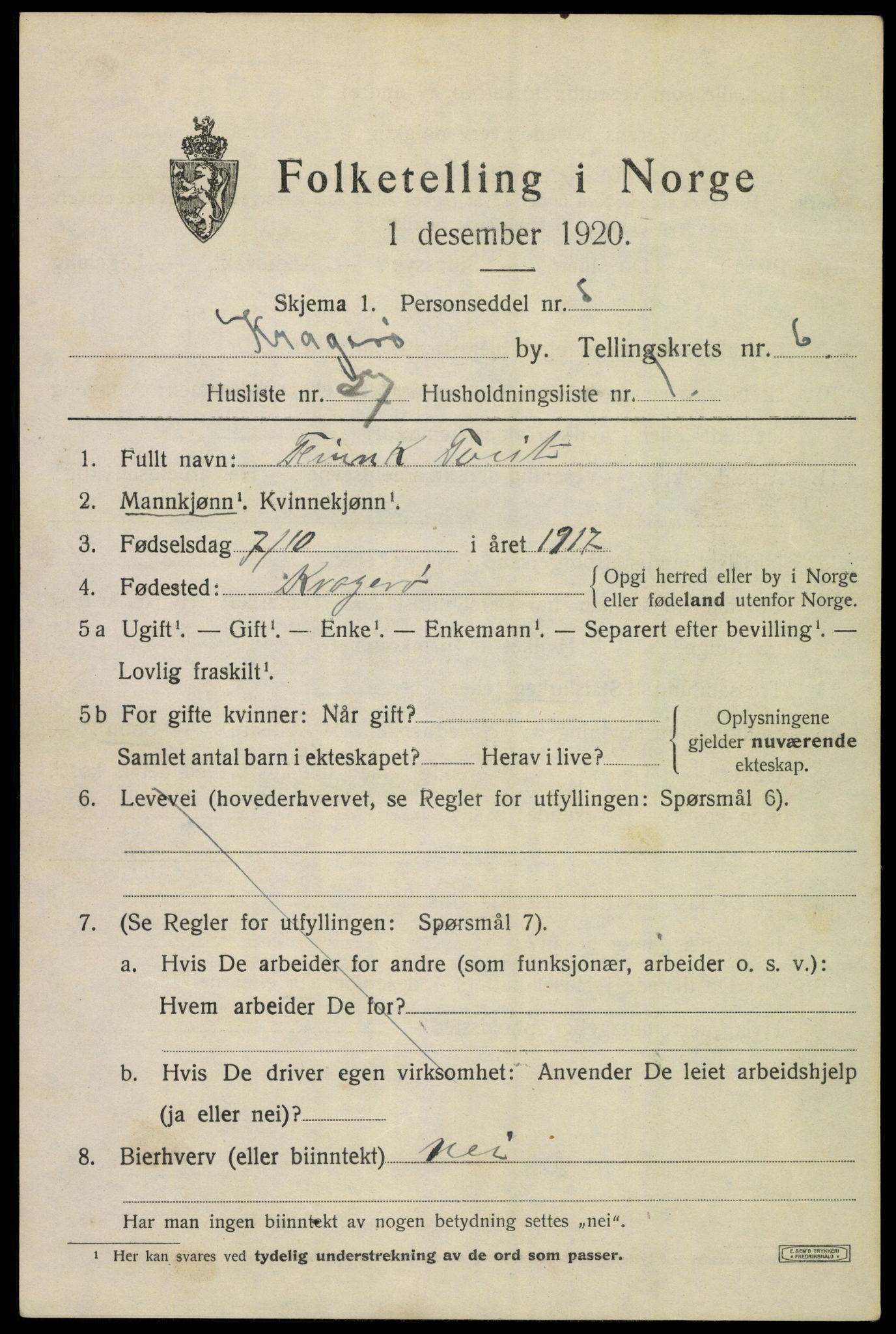 SAKO, 1920 census for Kragerø, 1920, p. 9715