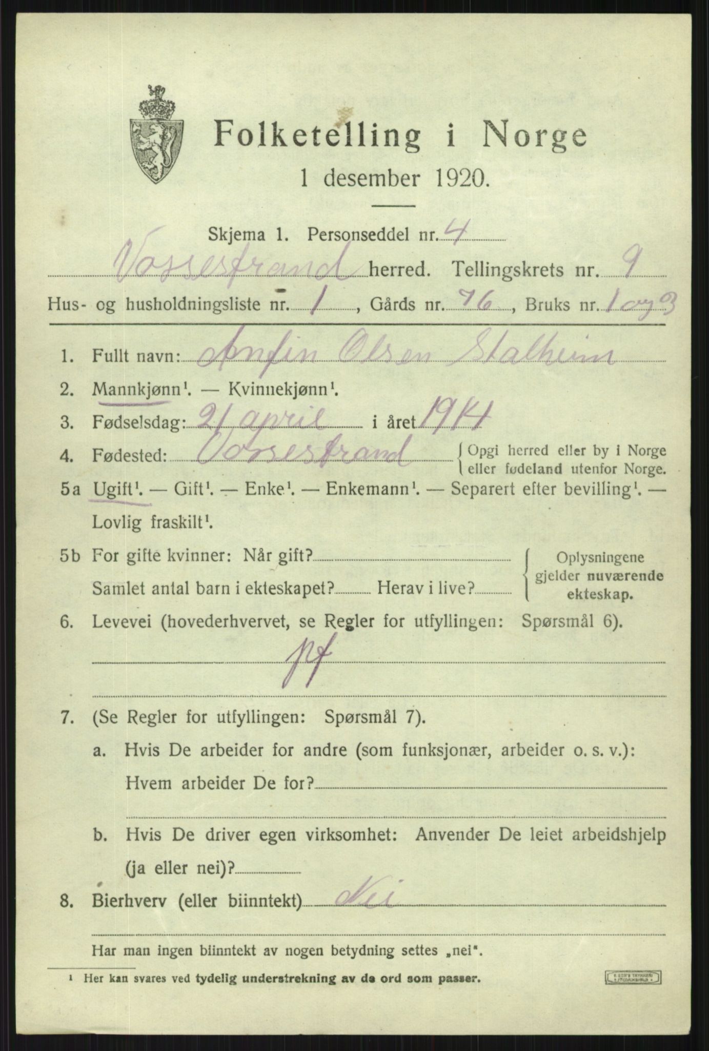 SAB, 1920 census for Vossestrand, 1920, p. 3906