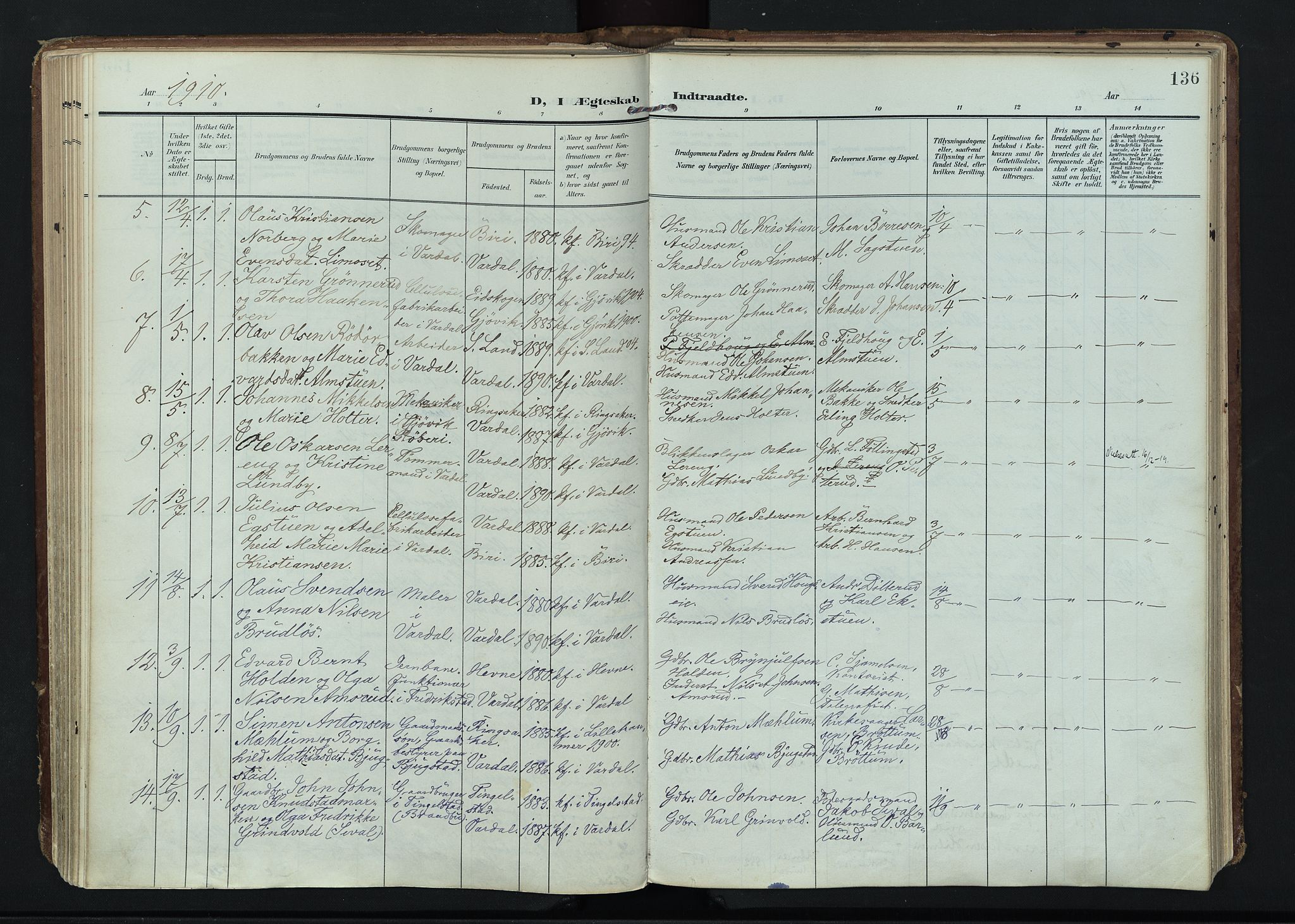 Vardal prestekontor, SAH/PREST-100/H/Ha/Haa/L0020: Parish register (official) no. 20, 1907-1921, p. 136