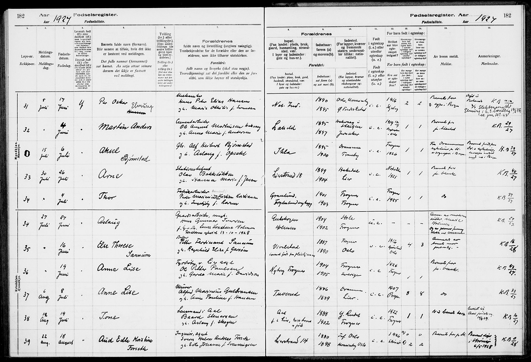 Lier kirkebøker, SAKO/A-230/J/Ja/L0001: Birth register no. 1, 1916-1928, p. 182