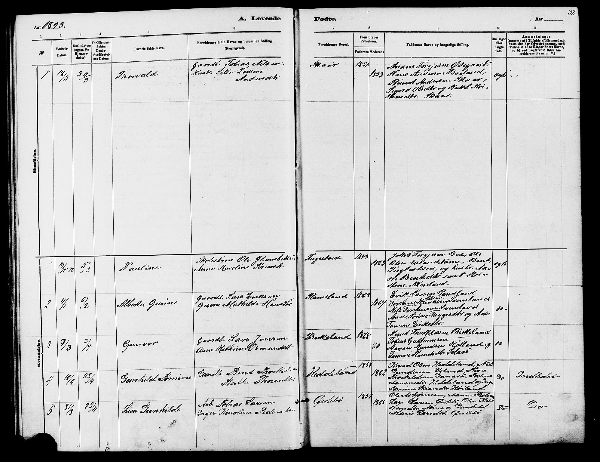 Holum sokneprestkontor, AV/SAK-1111-0022/F/Fb/Fbc/L0003: Parish register (copy) no. B 3, 1882-1908, p. 32