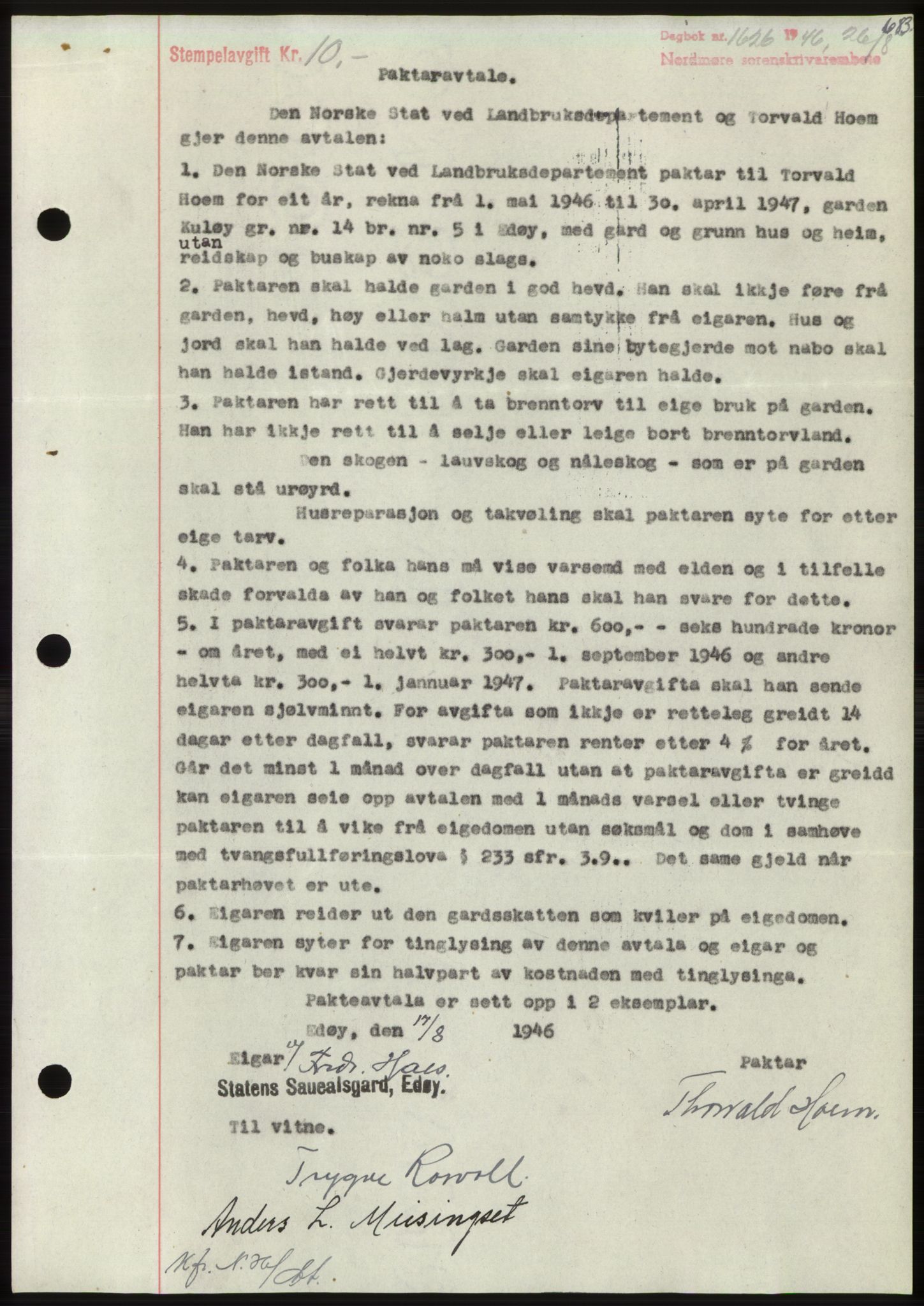 Nordmøre sorenskriveri, AV/SAT-A-4132/1/2/2Ca: Mortgage book no. B94, 1946-1946, Diary no: : 1626/1946