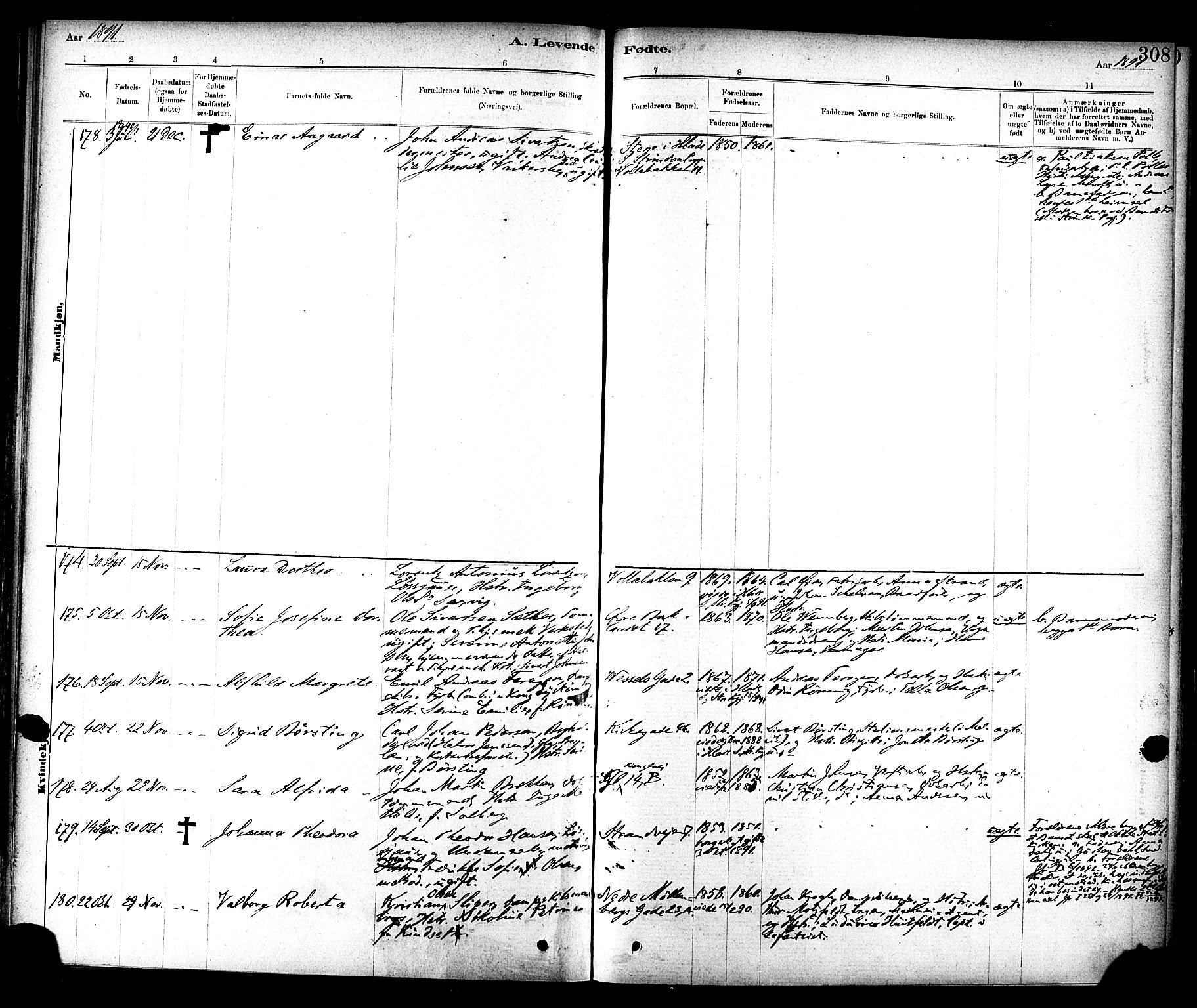 Ministerialprotokoller, klokkerbøker og fødselsregistre - Sør-Trøndelag, AV/SAT-A-1456/604/L0188: Parish register (official) no. 604A09, 1878-1892, p. 308