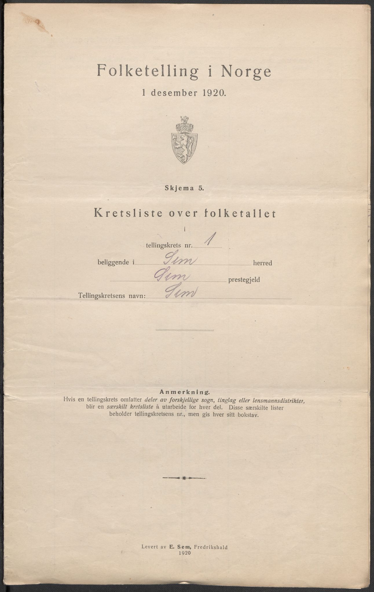 SAKO, 1920 census for Sem, 1920, p. 19