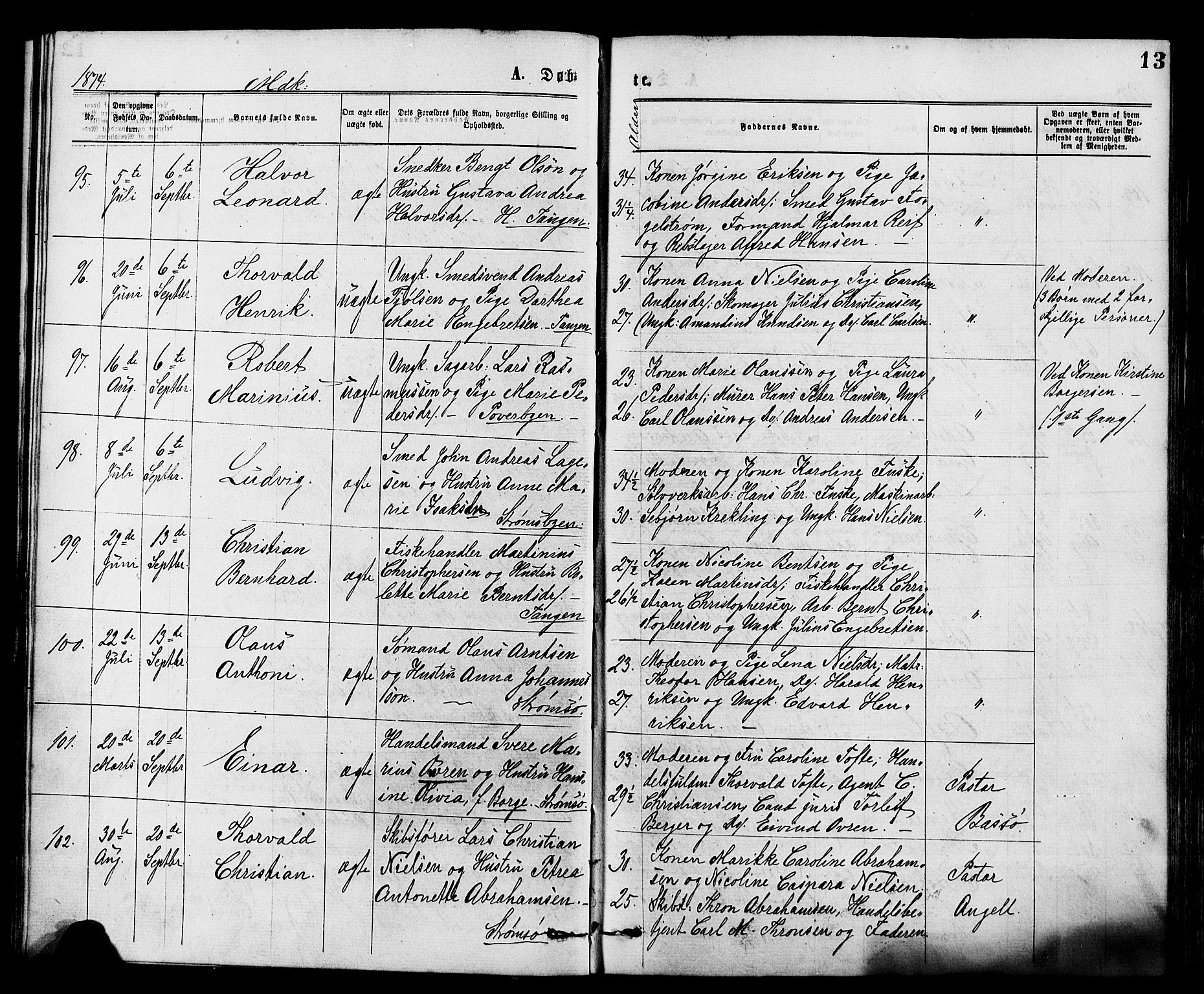 Strømsø kirkebøker, SAKO/A-246/F/Fa/L0019: Parish register (official) no. I 19, 1874-1877, p. 13