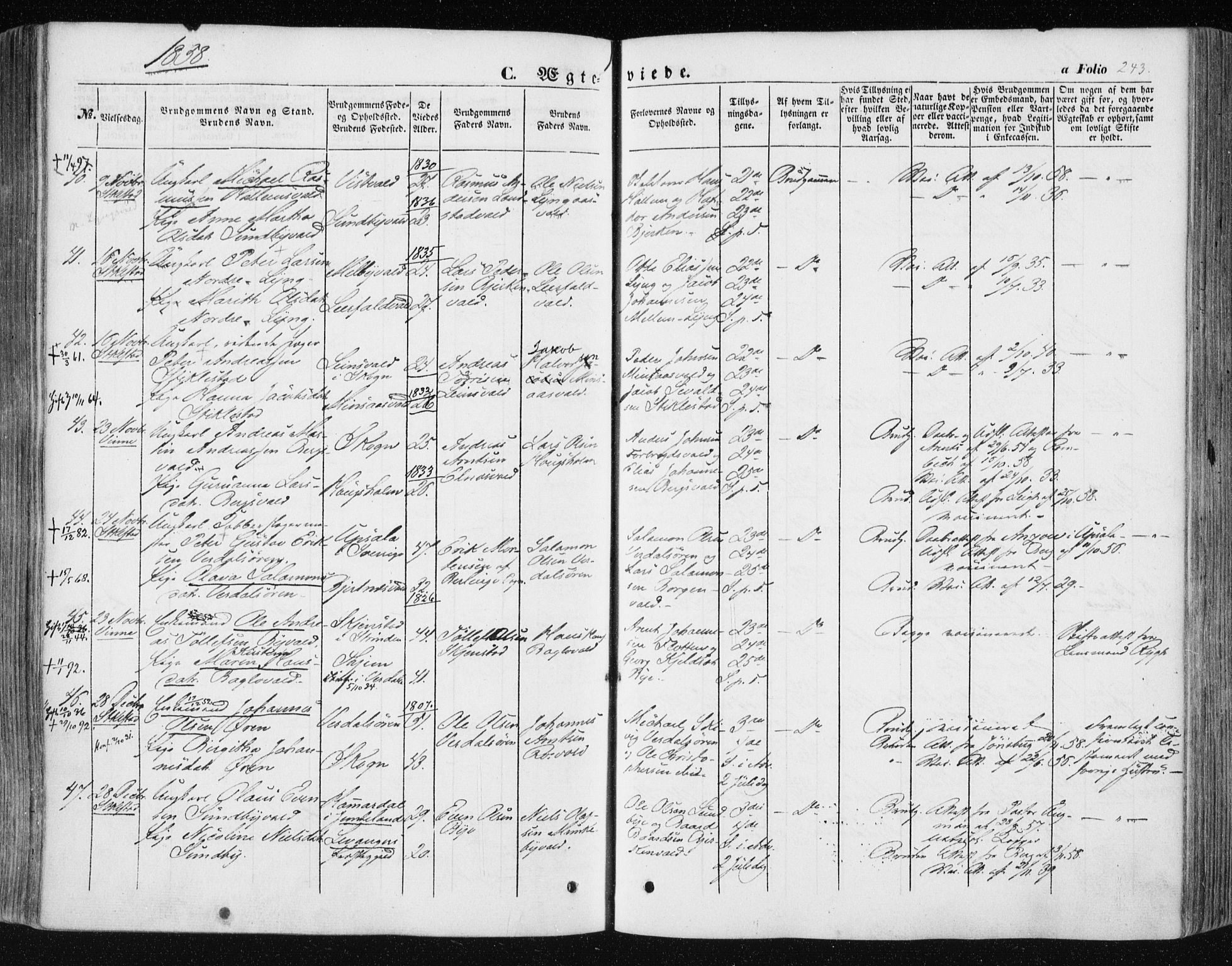 Ministerialprotokoller, klokkerbøker og fødselsregistre - Nord-Trøndelag, AV/SAT-A-1458/723/L0240: Parish register (official) no. 723A09, 1852-1860, p. 243