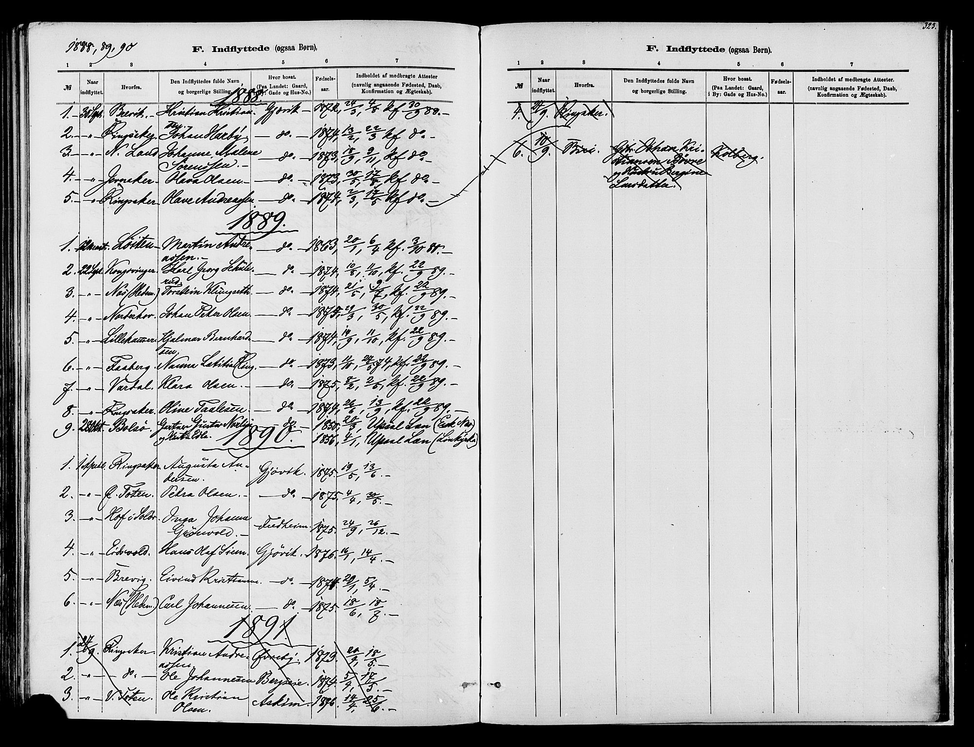Vardal prestekontor, SAH/PREST-100/H/Ha/Haa/L0008: Parish register (official) no. 8, 1878-1890, p. 323