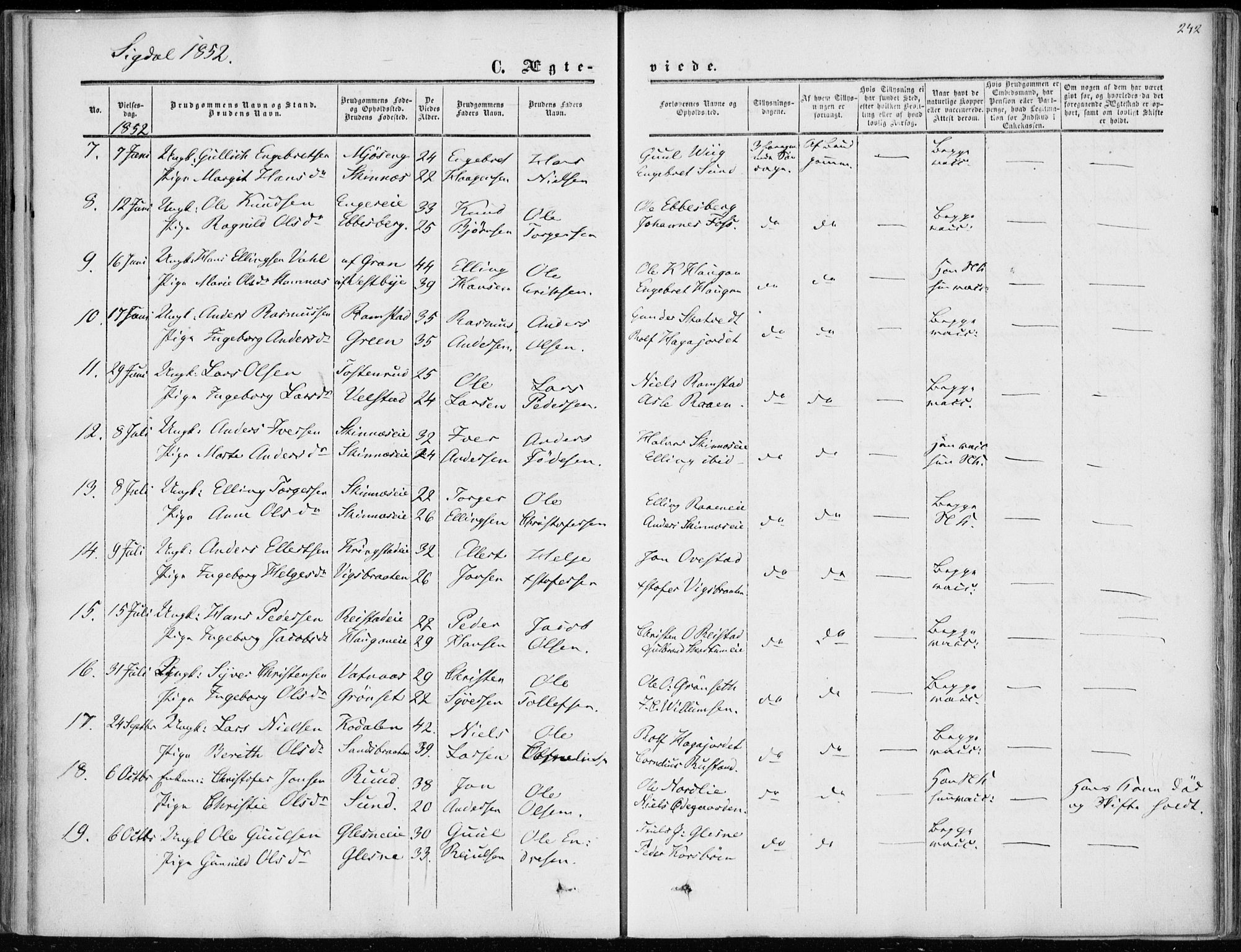 Sigdal kirkebøker, AV/SAKO-A-245/F/Fa/L0008: Parish register (official) no. I 8, 1850-1859, p. 242