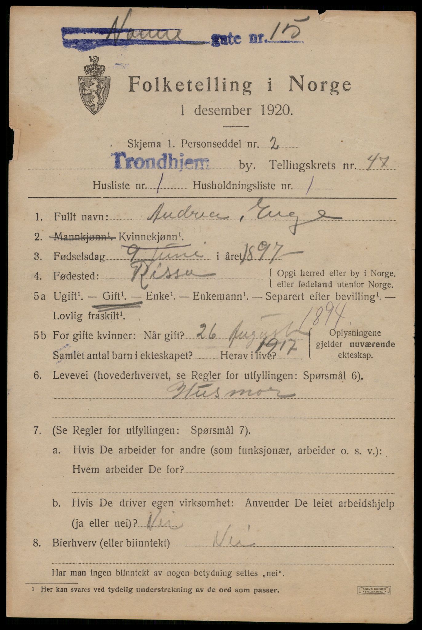 SAT, 1920 census for Trondheim, 1920, p. 99244