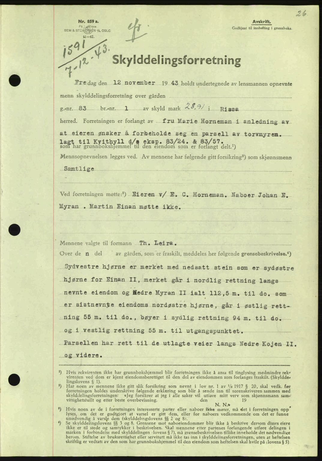 Fosen sorenskriveri, AV/SAT-A-1107/1/2/2C: Mortgage book no. A3, 1943-1945, Diary no: : 1591/1943