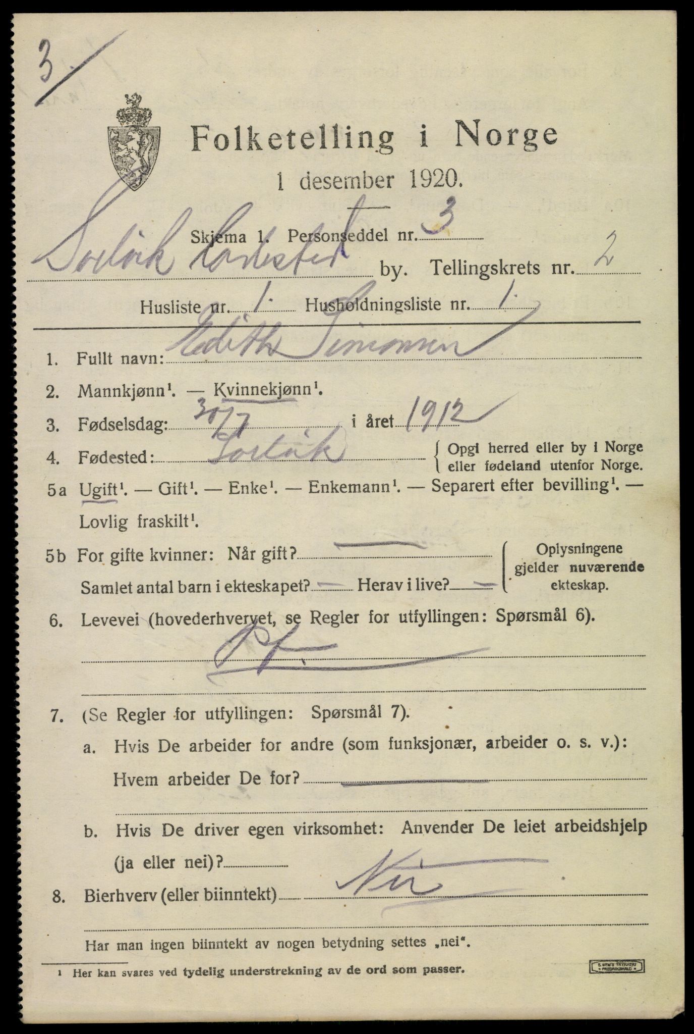 SAKO, 1920 census for Svelvik, 1920, p. 2493