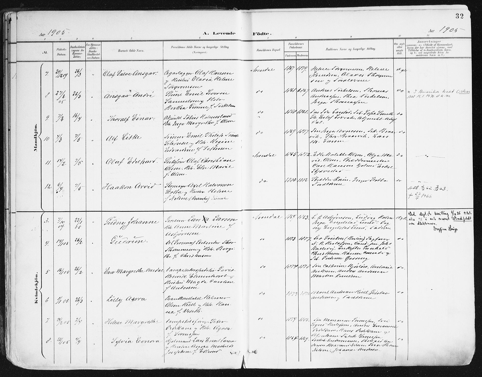 Arendal sokneprestkontor, Trefoldighet, AV/SAK-1111-0040/F/Fa/L0010: Parish register (official) no. A 10, 1900-1919, p. 32