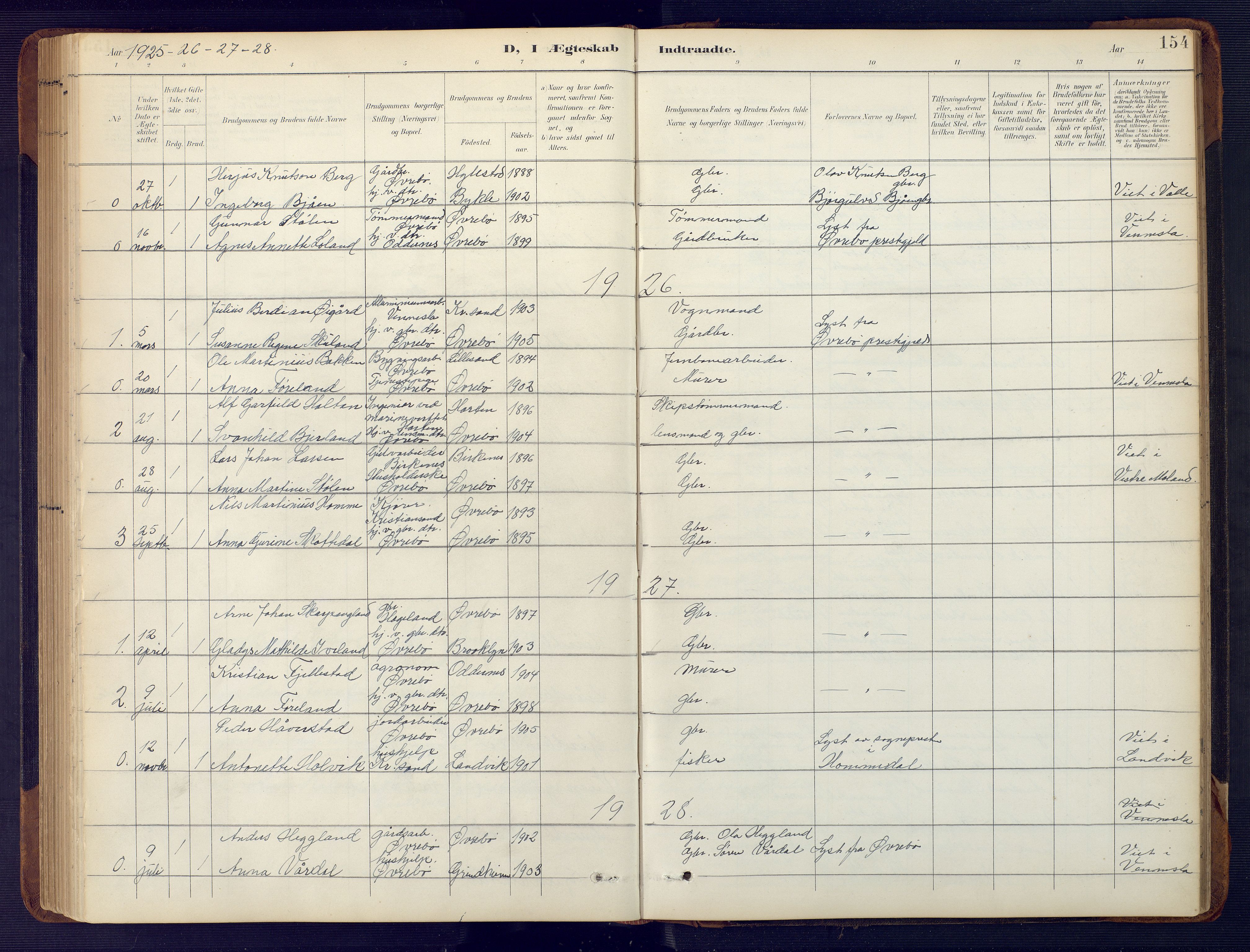 Vennesla sokneprestkontor, SAK/1111-0045/Fb/Fbc/L0003: Parish register (copy) no. B 3, 1895-1946, p. 154