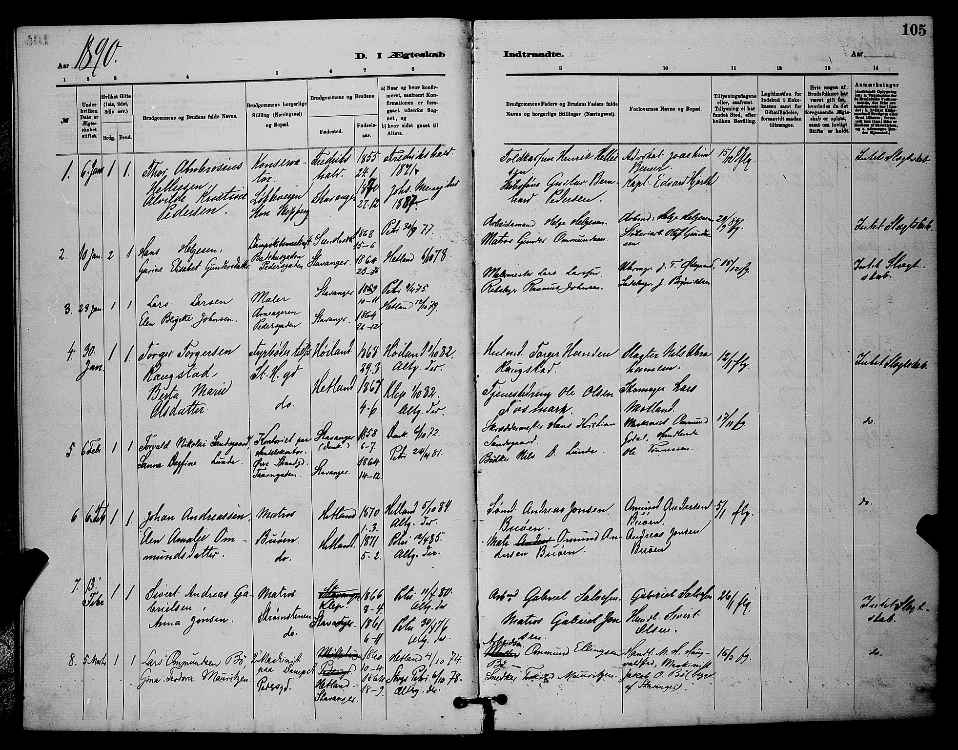 St. Johannes sokneprestkontor, SAST/A-101814/001/30/30BB/L0001: Parish register (copy) no. B 1, 1885-1897, p. 105