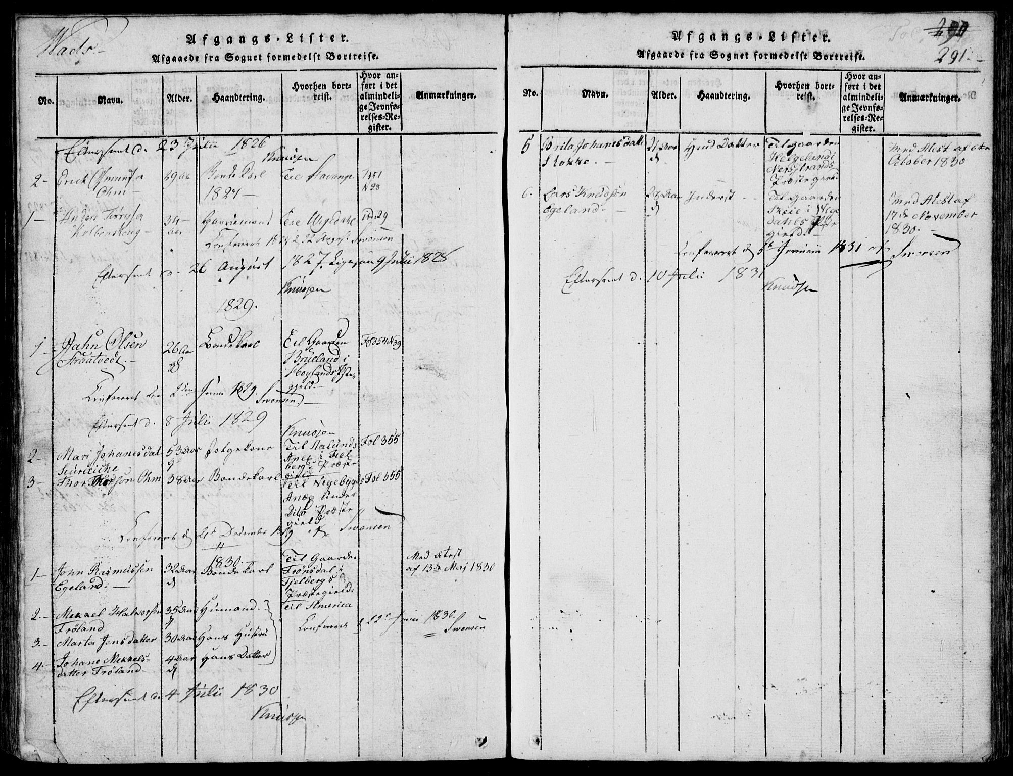 Skjold sokneprestkontor, AV/SAST-A-101847/H/Ha/Hab/L0002: Parish register (copy) no. B 2 /2, 1815-1830, p. 291