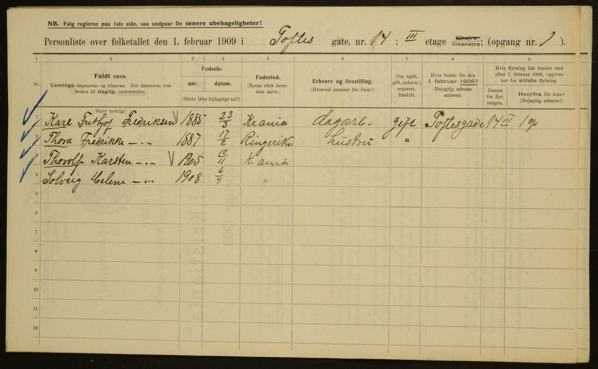 OBA, Municipal Census 1909 for Kristiania, 1909, p. 101117