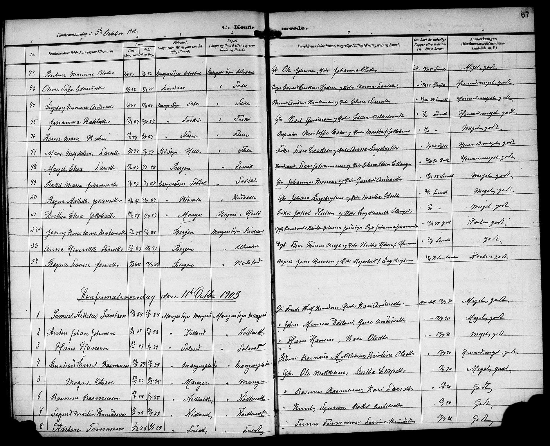 Manger sokneprestembete, AV/SAB-A-76801/H/Hab: Parish register (copy) no. A 2, 1902-1923, p. 67