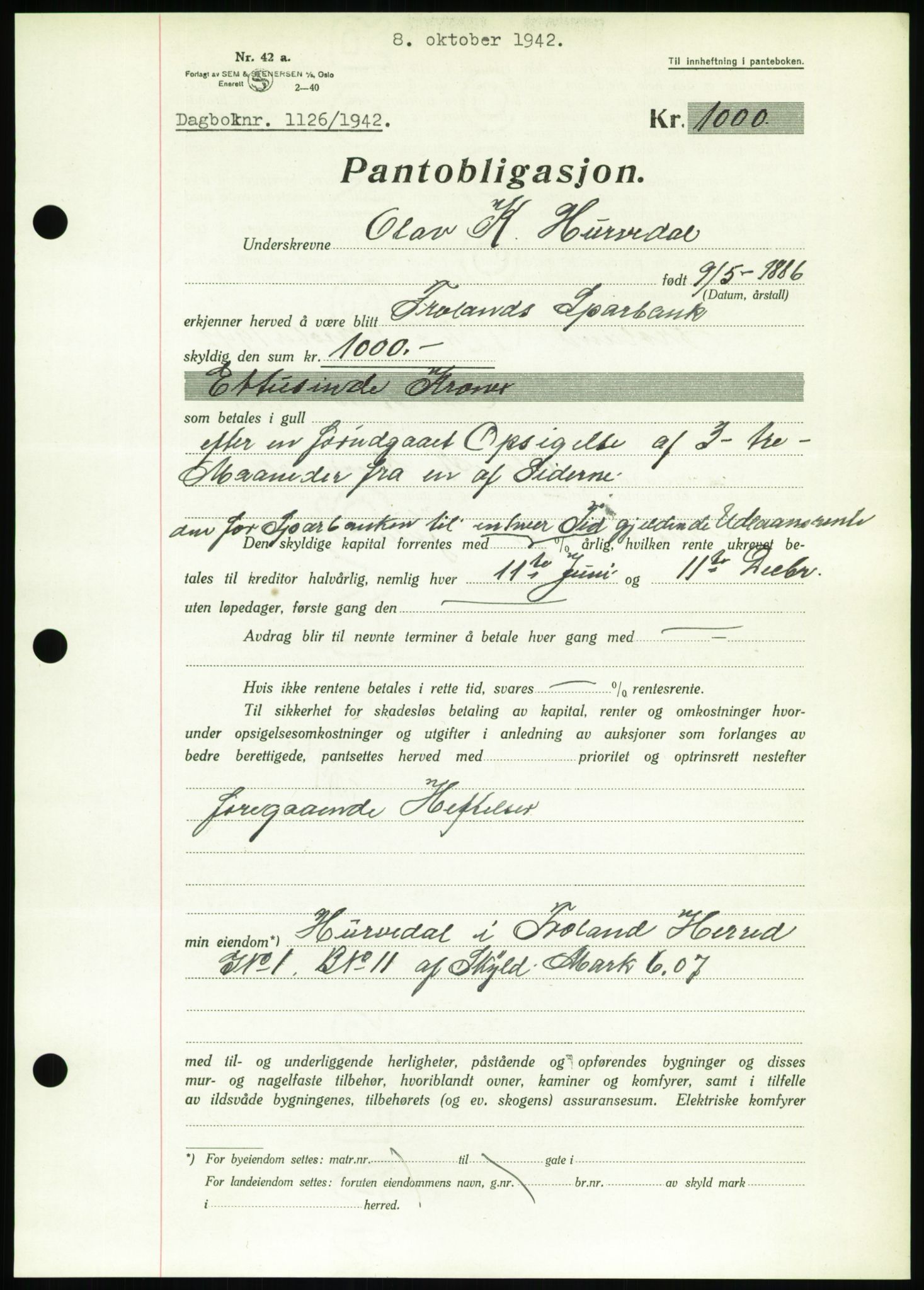 Nedenes sorenskriveri, SAK/1221-0006/G/Gb/Gbb/L0002: Mortgage book no. II, 1942-1945, Diary no: : 1126/1942