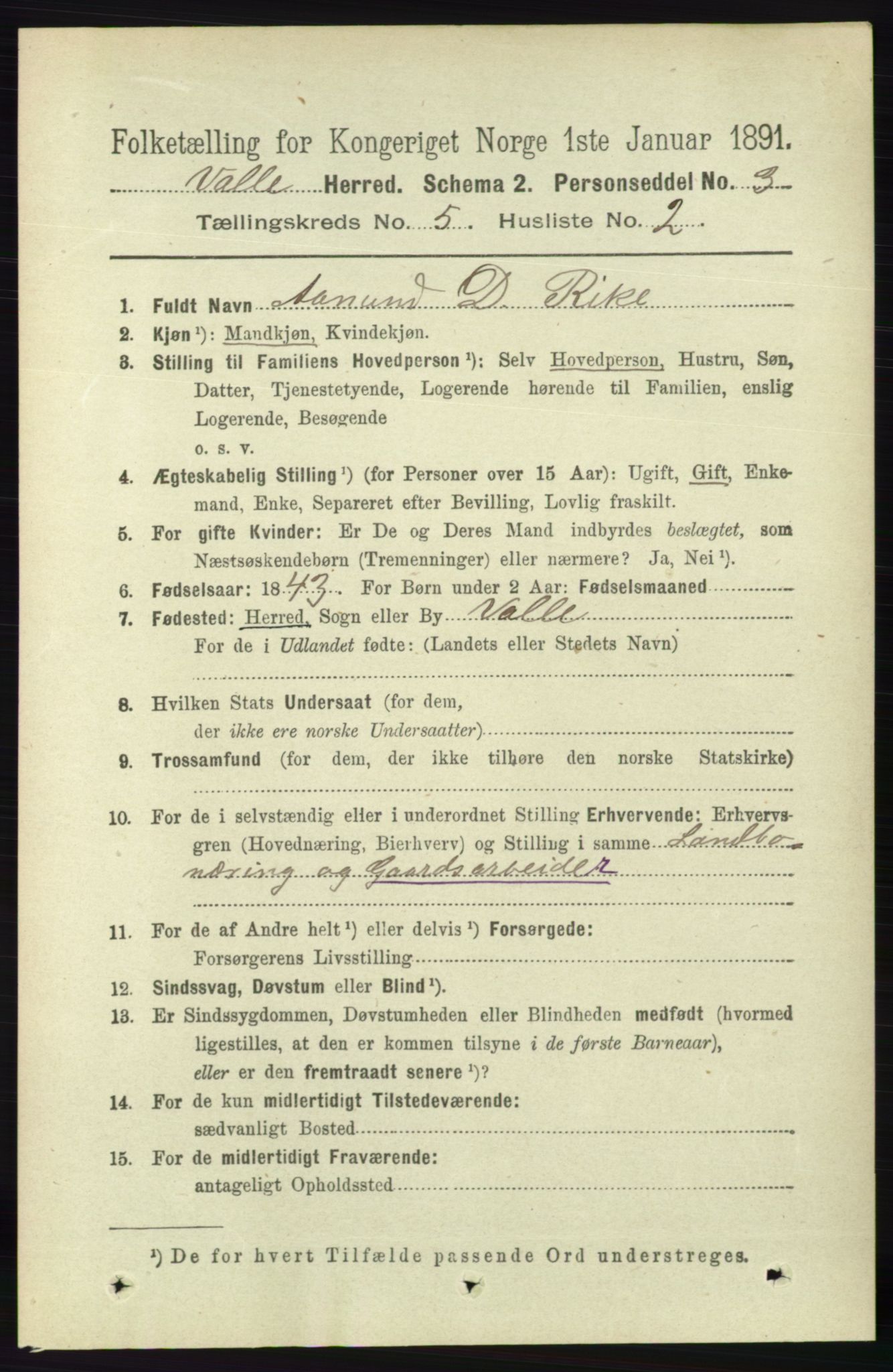 RA, 1891 census for 0940 Valle, 1891, p. 1338