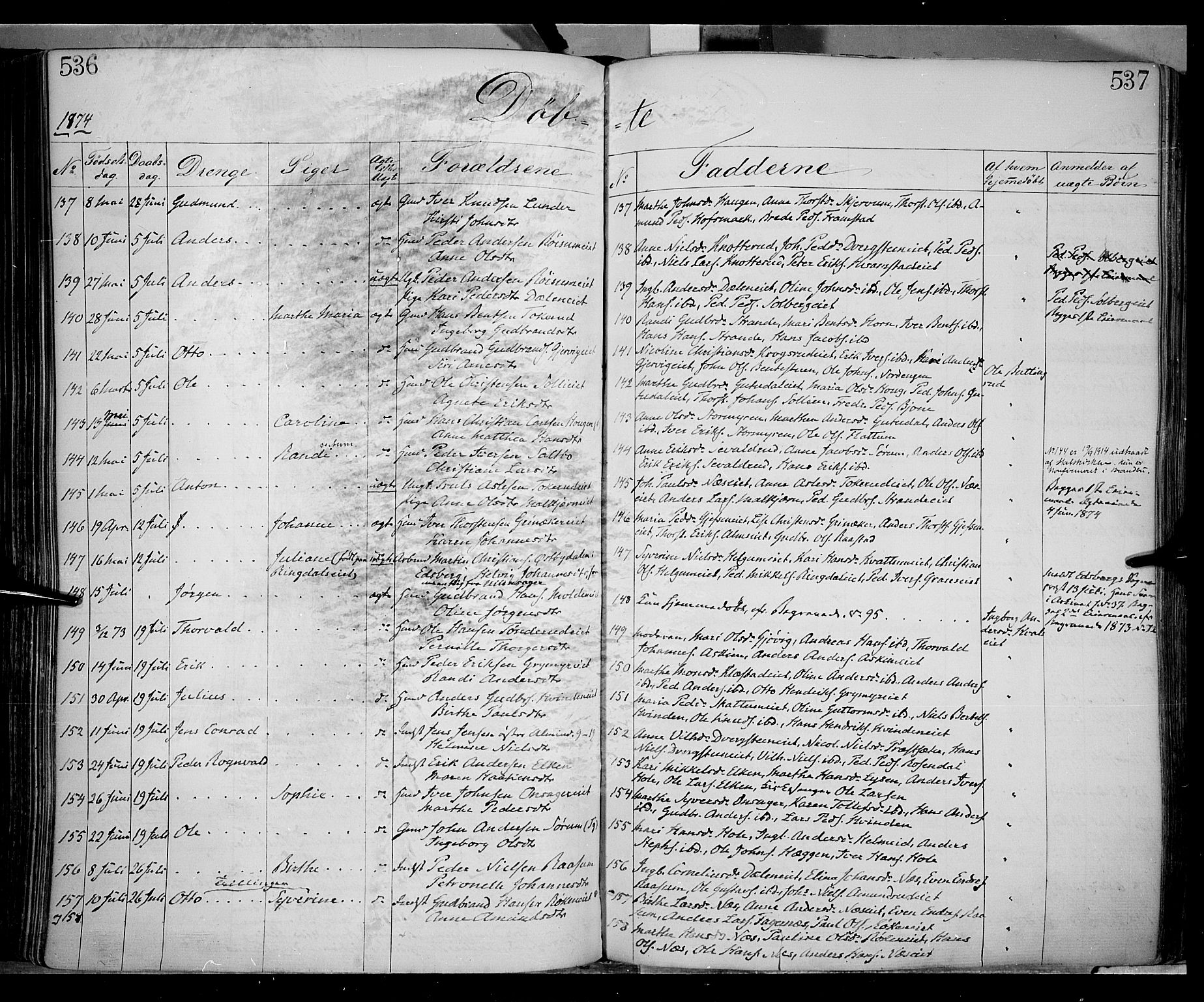 Gran prestekontor, AV/SAH-PREST-112/H/Ha/Haa/L0012: Parish register (official) no. 12, 1856-1874, p. 536-537