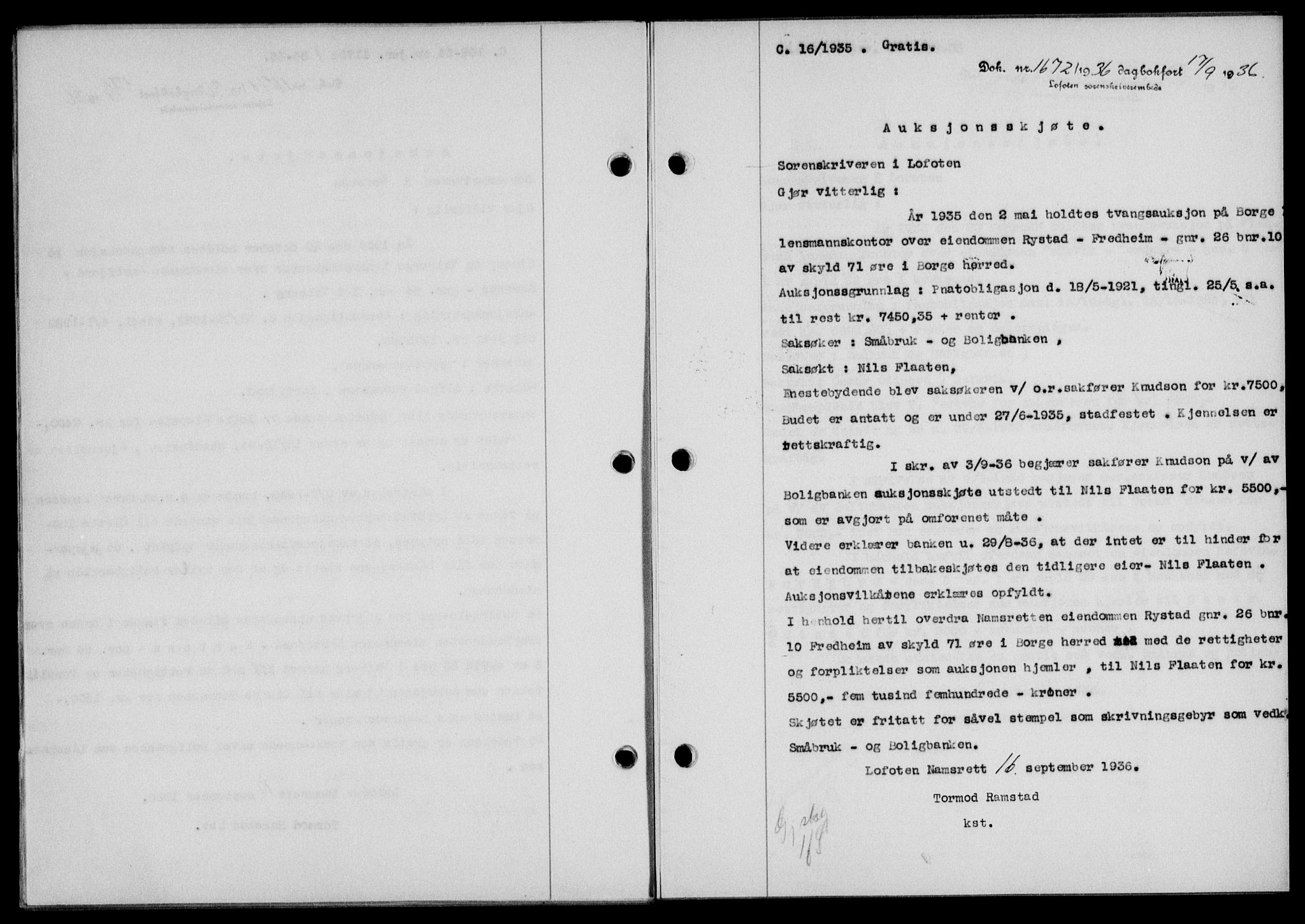 Lofoten sorenskriveri, SAT/A-0017/1/2/2C/L0001a: Mortgage book no. 1a, 1936-1937, Diary no: : 1672/1936