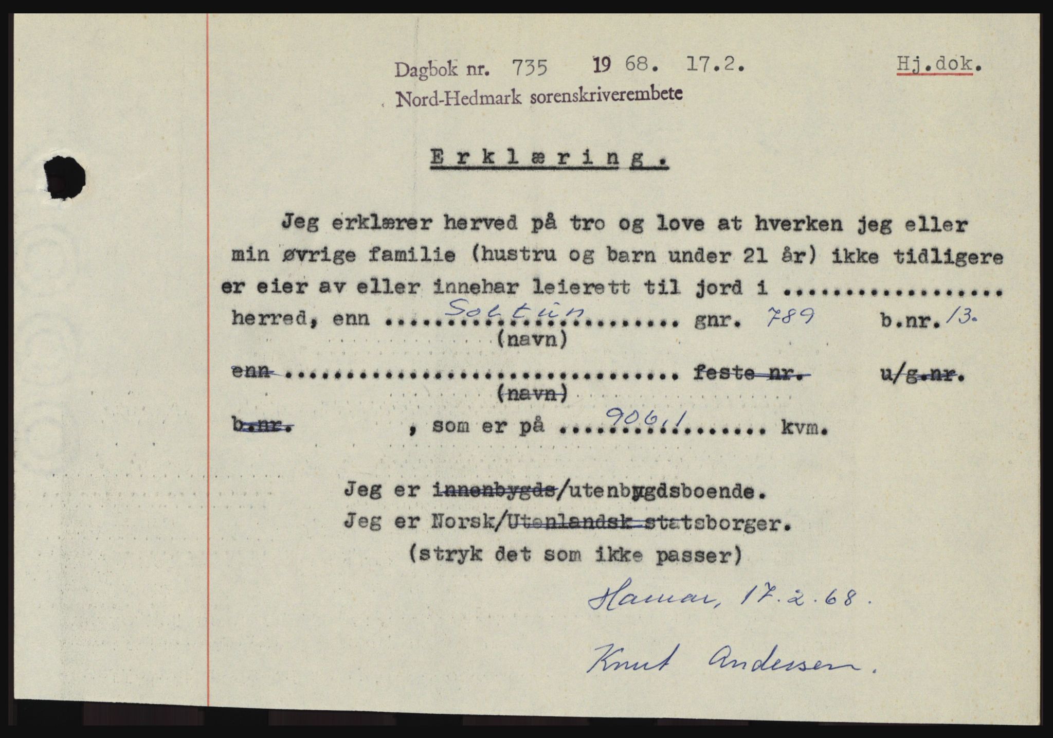 Nord-Hedmark sorenskriveri, SAH/TING-012/H/Hc/L0027: Mortgage book no. 27, 1967-1968, Diary no: : 735/1968