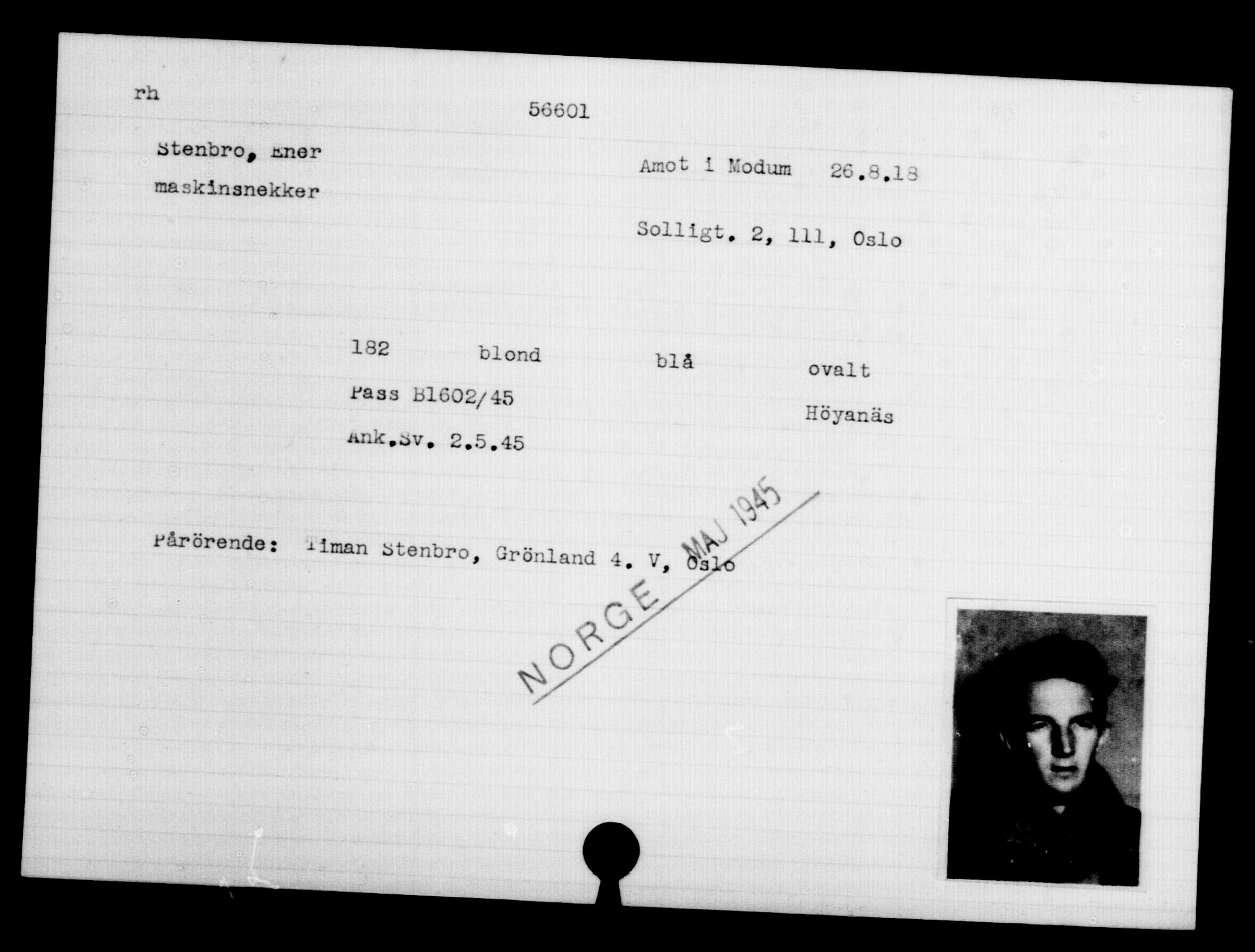 Utenriksstasjonene, Legasjonen i Stockholm, Flyktningkontoret, AV/RA-S-6753/V/Va/L0020: Kjesäterkartoteket, flyktninger med registreringsnr. 55000-58245, 1940-1945, p. 1600