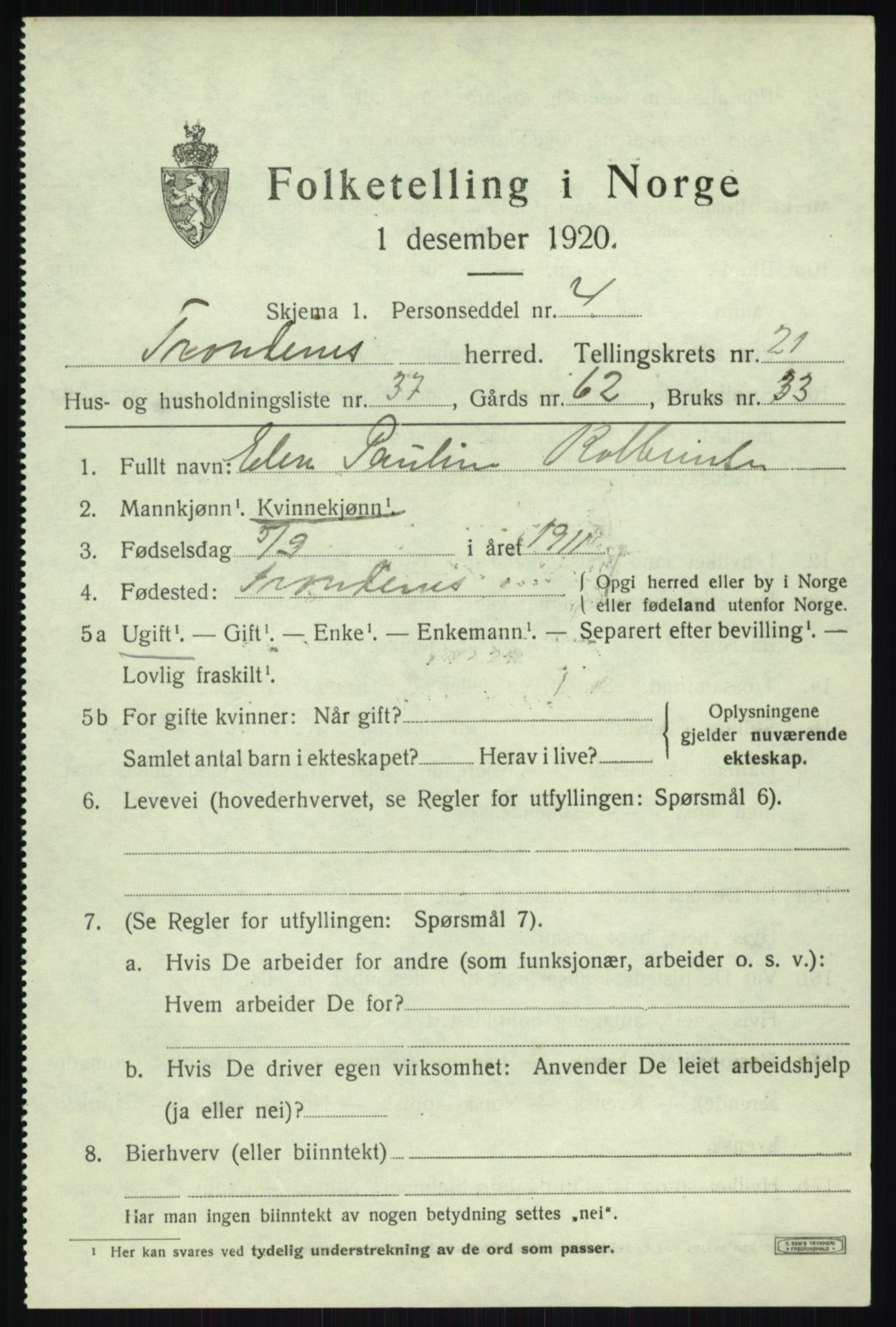 SATØ, 1920 census for Trondenes, 1920, p. 16966