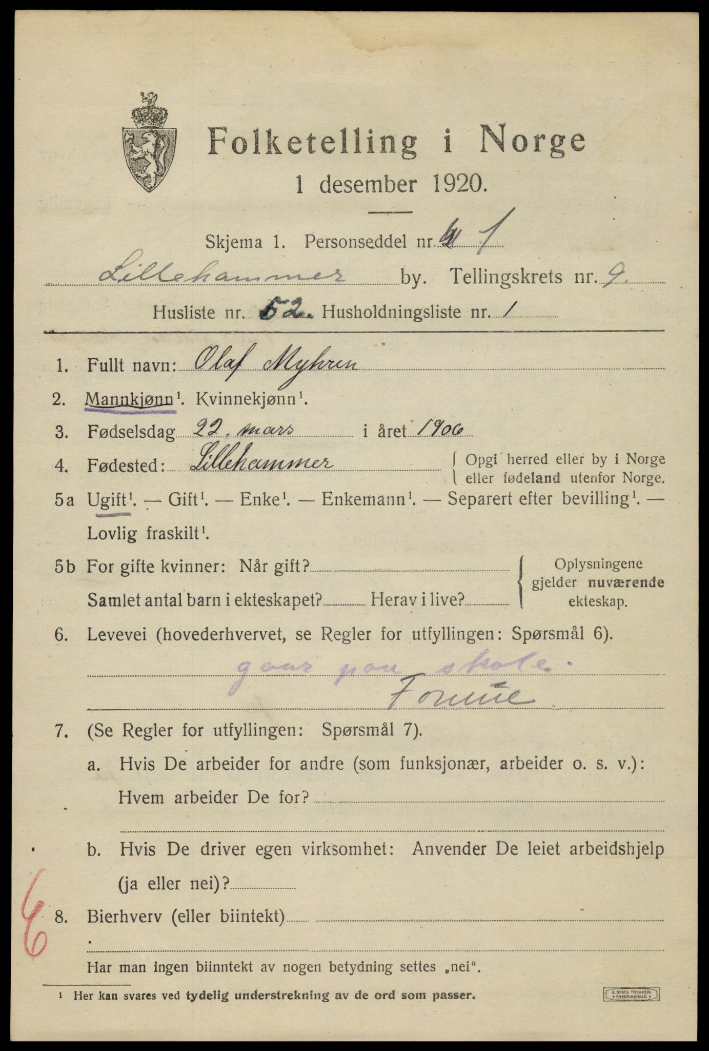 SAH, 1920 census for Lillehammer, 1920, p. 12362