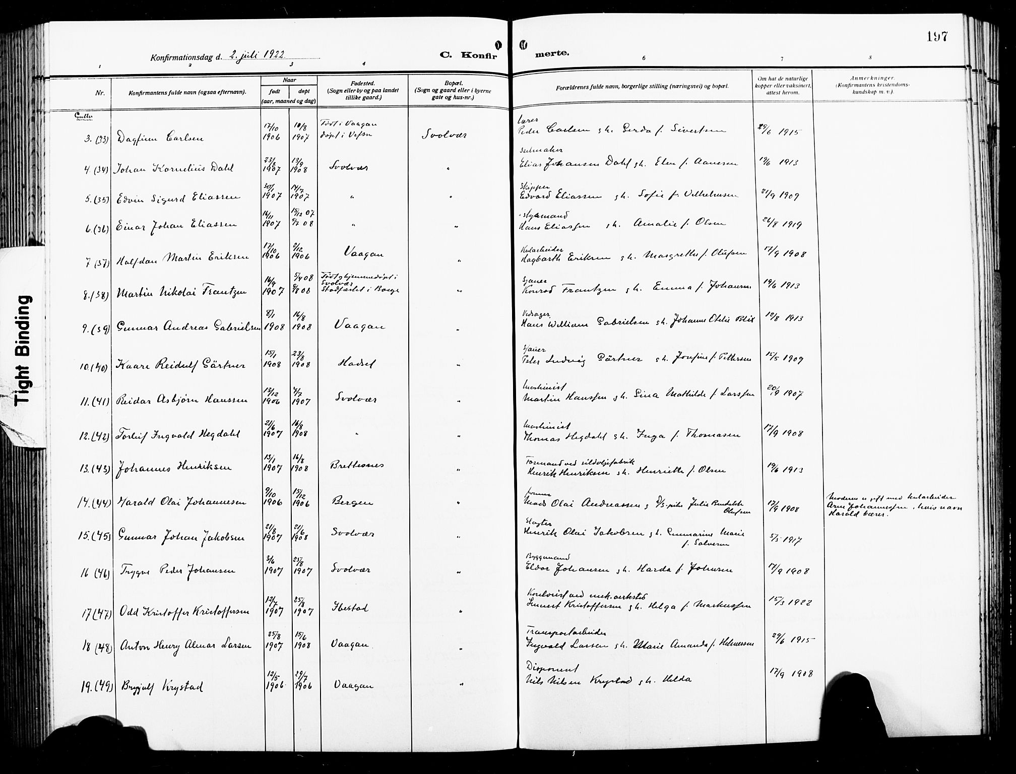 Ministerialprotokoller, klokkerbøker og fødselsregistre - Nordland, AV/SAT-A-1459/874/L1080: Parish register (copy) no. 874C09, 1915-1925, p. 197