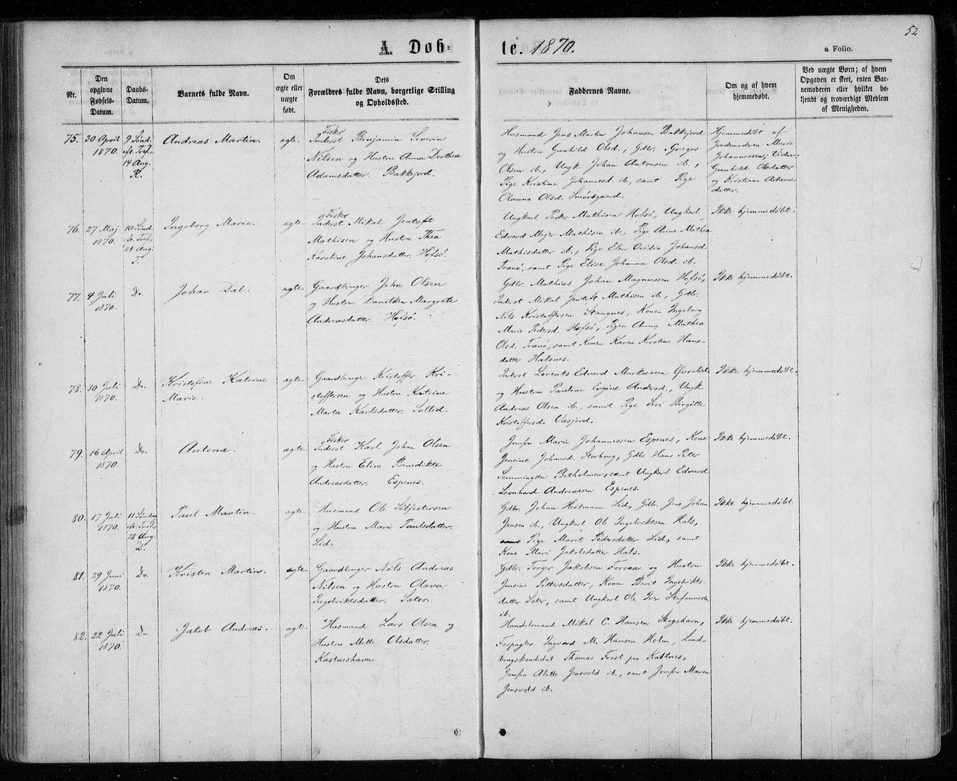 Tranøy sokneprestkontor, AV/SATØ-S-1313/I/Ia/Iaa/L0008kirke: Parish register (official) no. 8, 1867-1877, p. 52