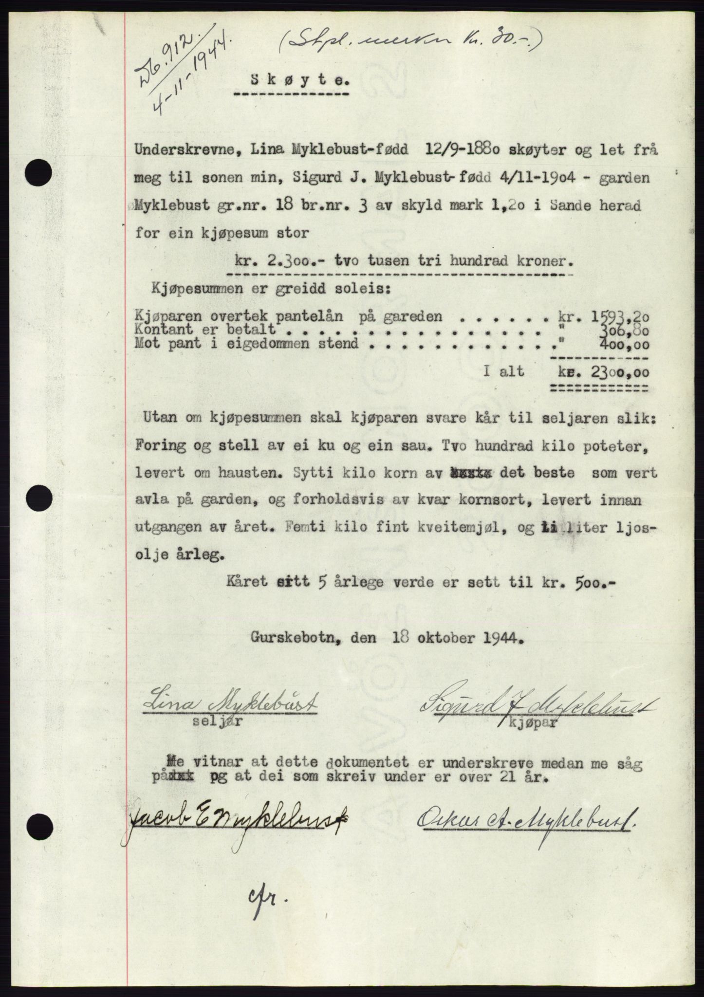 Søre Sunnmøre sorenskriveri, SAT/A-4122/1/2/2C/L0076: Mortgage book no. 2A, 1943-1944, Diary no: : 912/1944