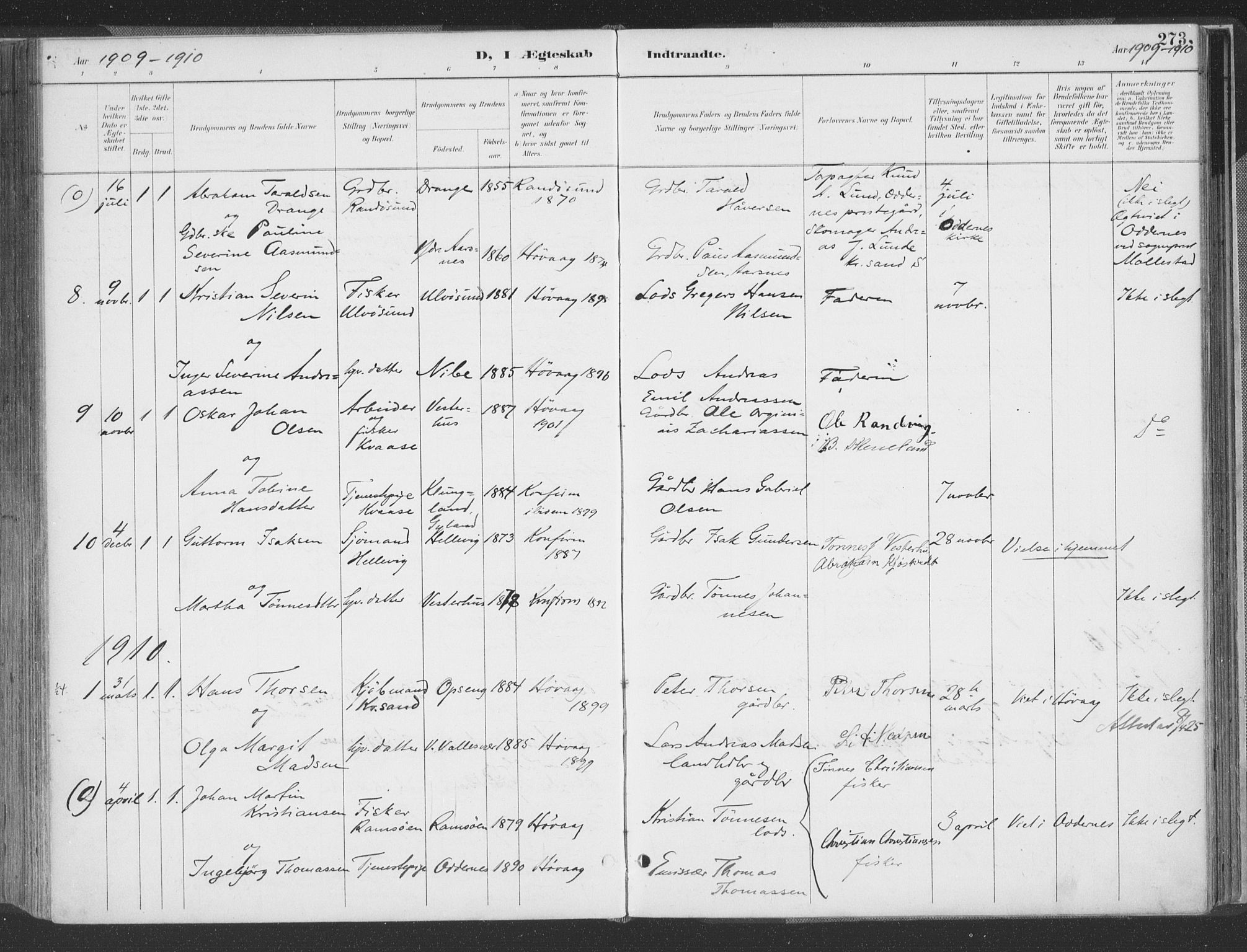 Høvåg sokneprestkontor, SAK/1111-0025/F/Fa/L0006: Parish register (official) no. A 6, 1894-1923, p. 273