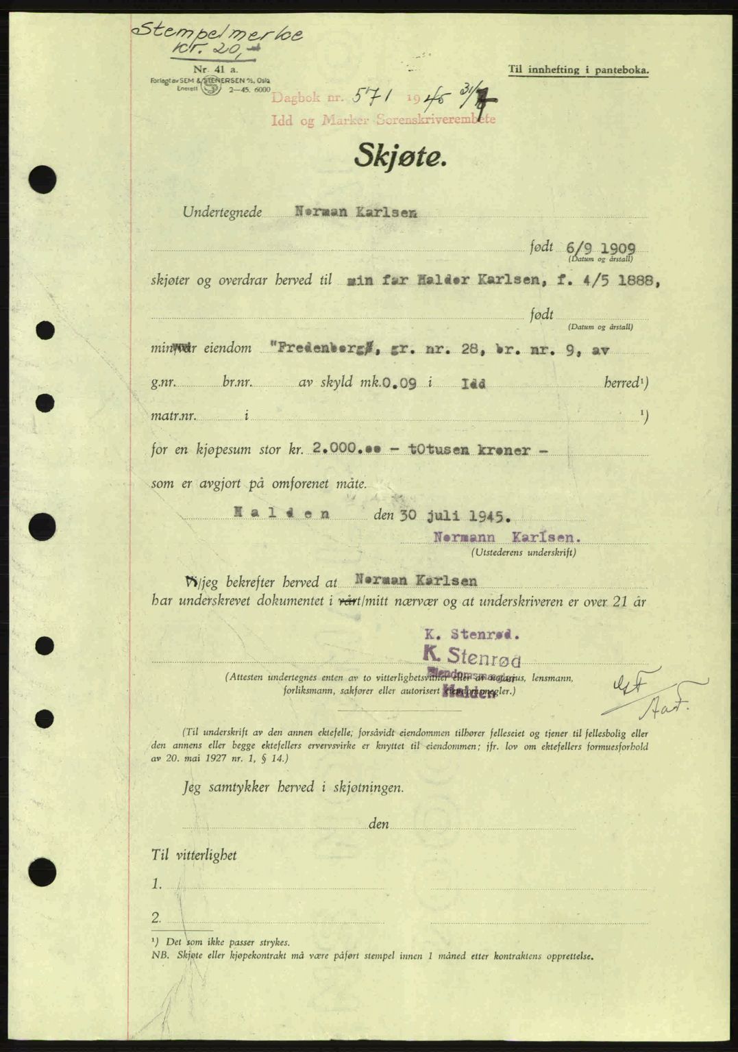 Idd og Marker sorenskriveri, AV/SAO-A-10283/G/Gb/Gbb/L0007: Mortgage book no. A7, 1944-1945, Diary no: : 571/1945