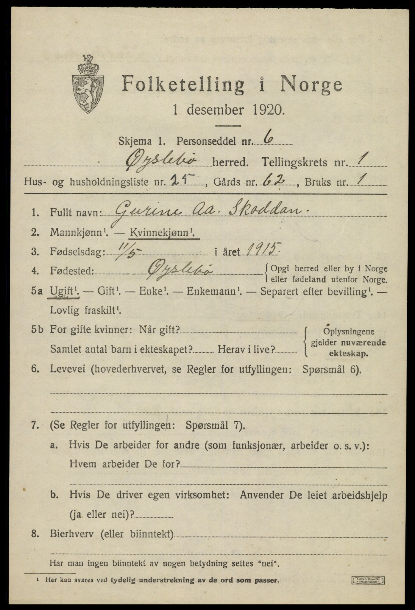 SAK, 1920 census for Øyslebø, 1920, p. 720