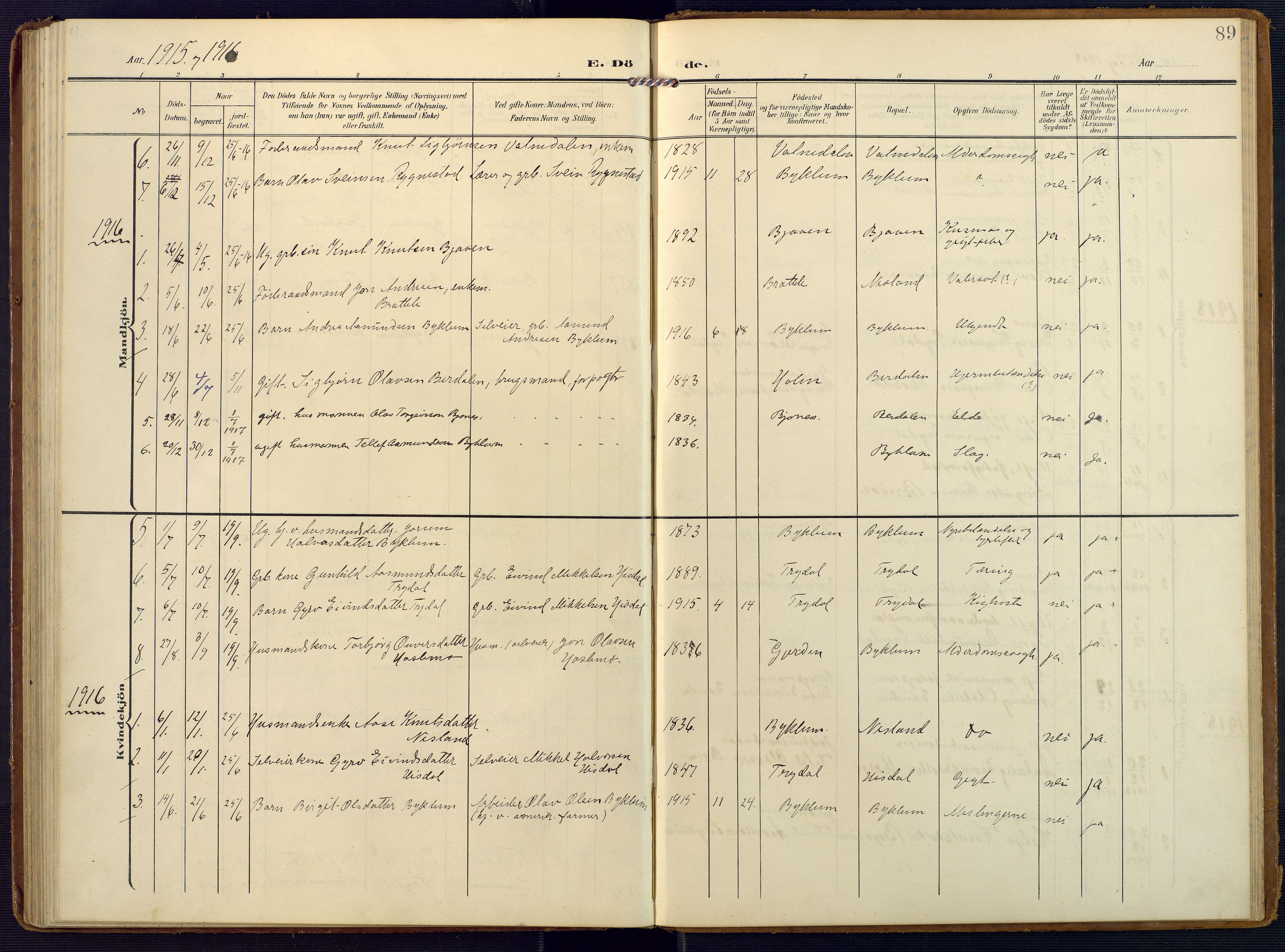 Valle sokneprestkontor, SAK/1111-0044/F/Fa/Faa/L0002: Parish register (official) no. A 2, 1907-1919, p. 89