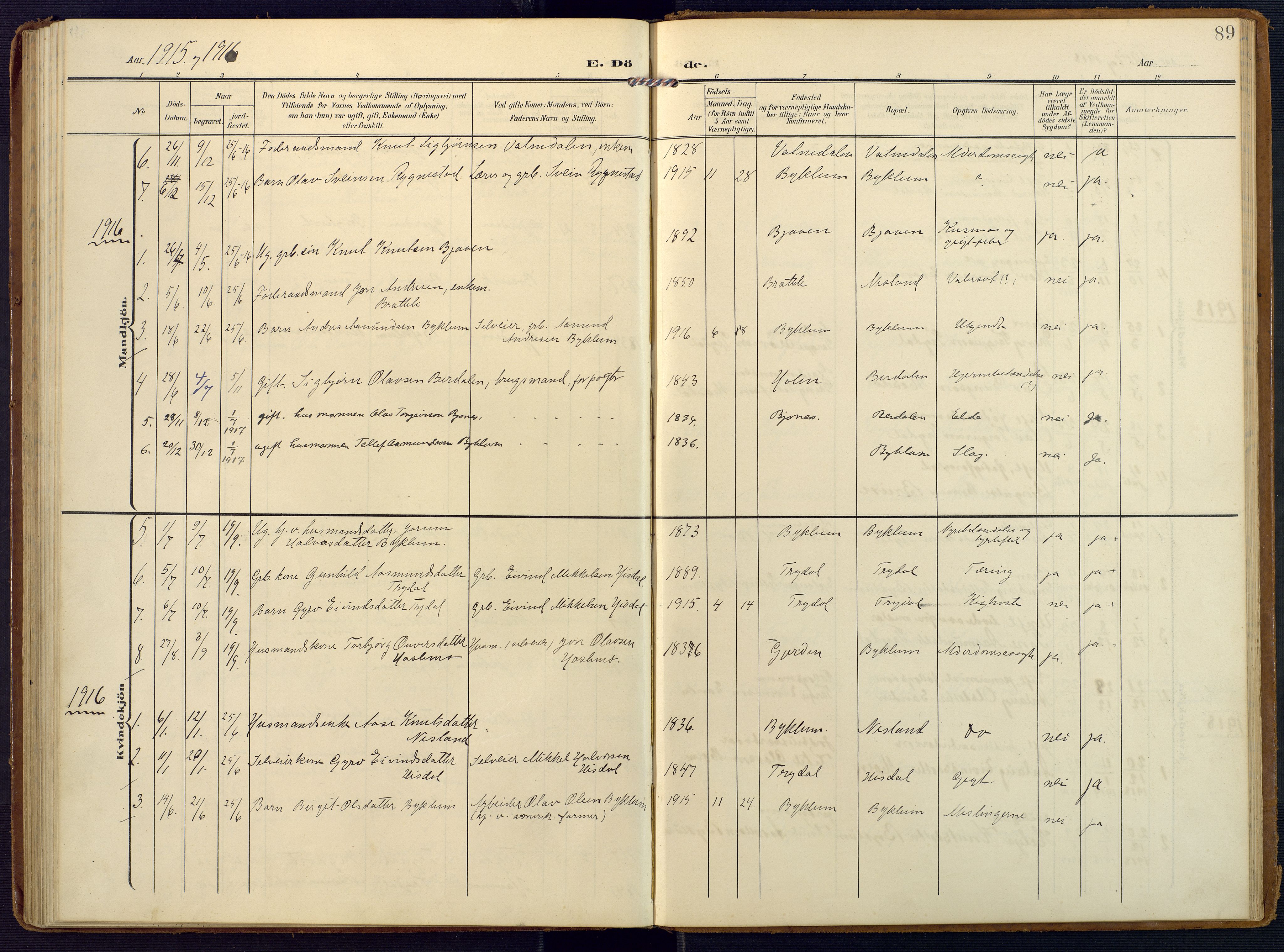 Valle sokneprestkontor, AV/SAK-1111-0044/F/Fa/Faa/L0002: Parish register (official) no. A 2, 1907-1919, p. 89