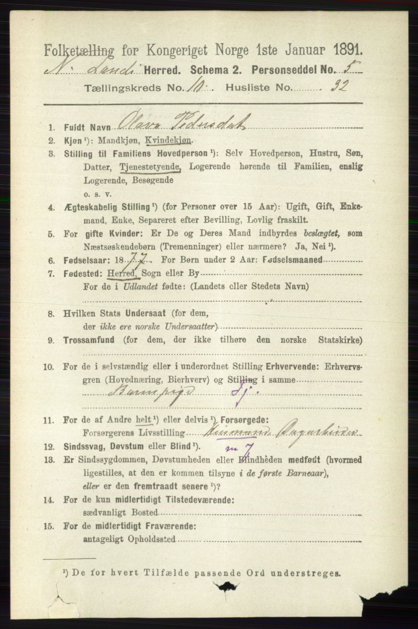 RA, 1891 census for 0538 Nordre Land, 1891, p. 2997