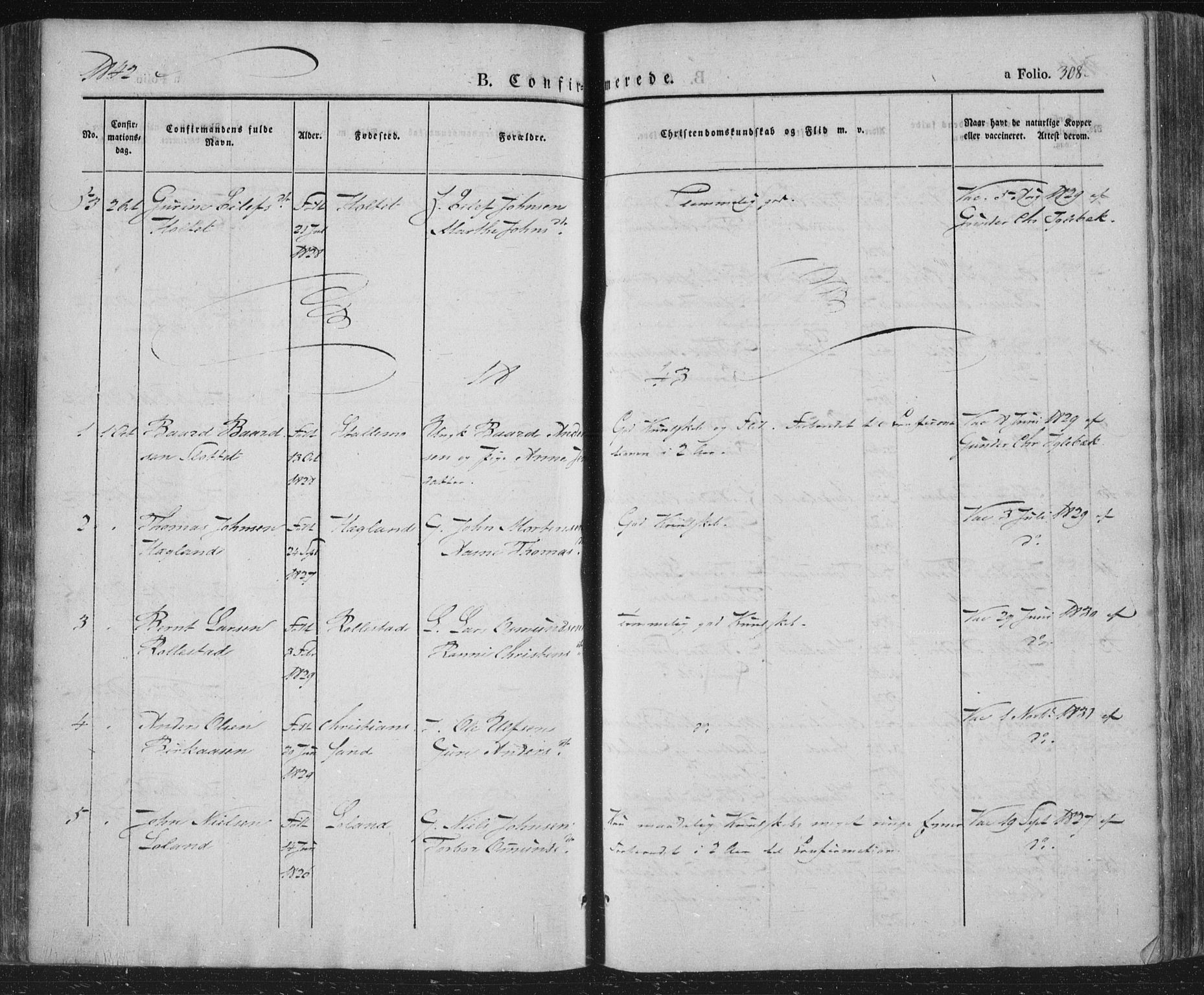 Vennesla sokneprestkontor, AV/SAK-1111-0045/Fa/Fac/L0004: Parish register (official) no. A 4, 1834-1855, p. 308