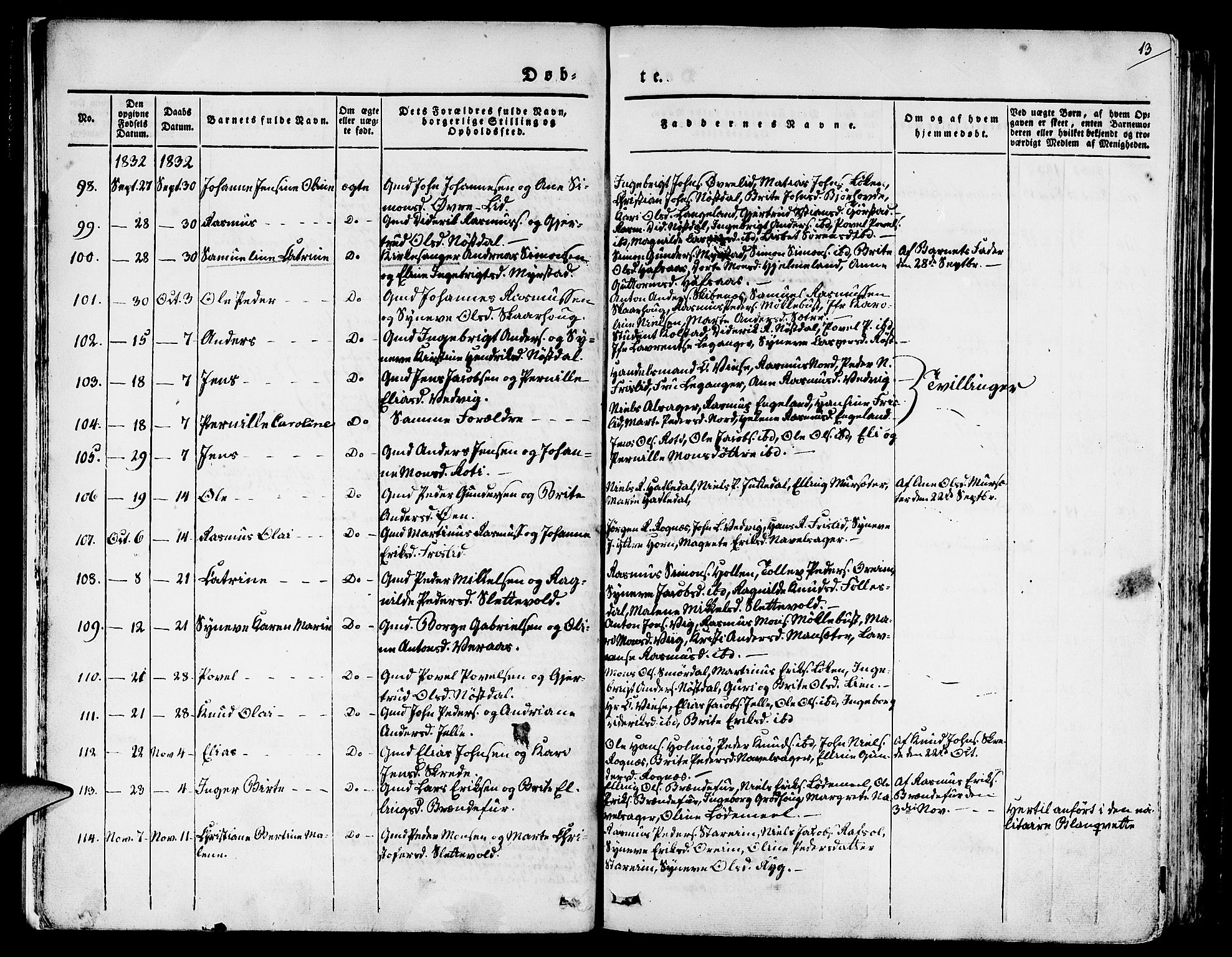 Eid sokneprestembete, AV/SAB-A-82301/H/Haa/Haaa/L0006: Parish register (official) no. A 6, 1831-1843, p. 13