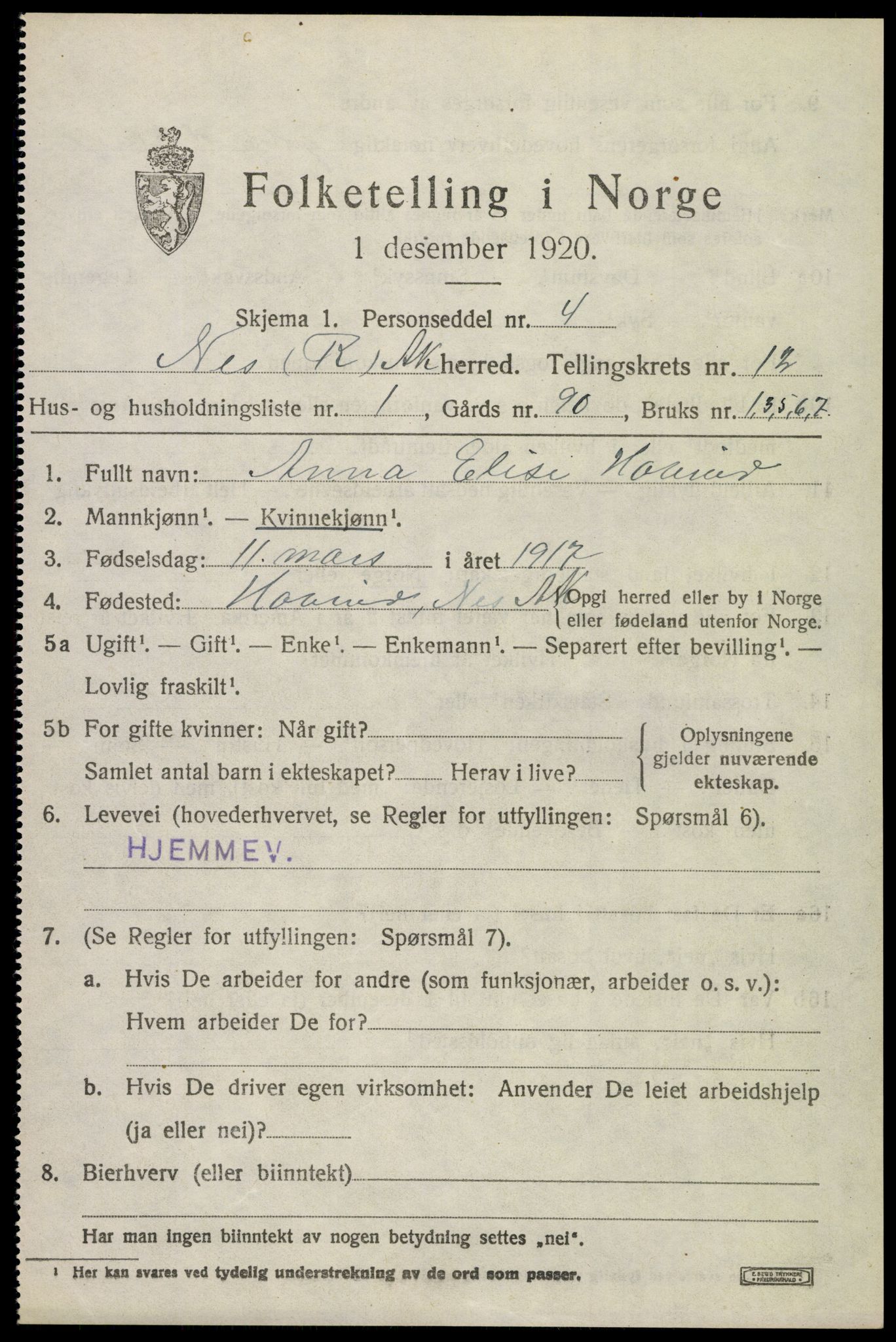 SAO, 1920 census for Nes, 1920, p. 12240