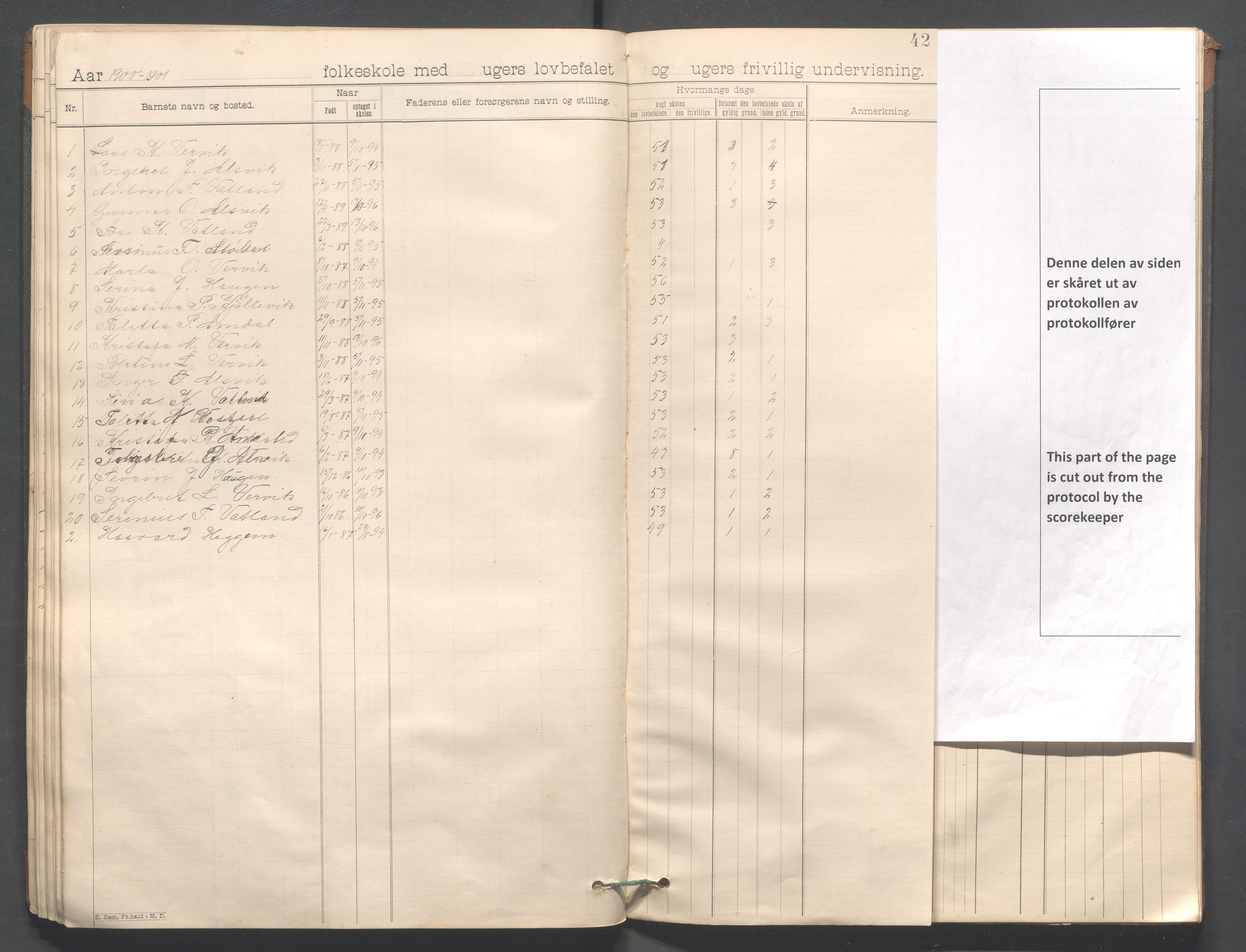 Strand kommune - Vatland skole, IKAR/A-161/H/L0001: Skoleprotokoll for Vatland, Helle, Heng , 1892-1901, p. 42